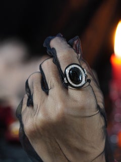 Cabochon Onyx White Sapphire and Enamel Art Deco Style Cocktail Ring in 9K Gold