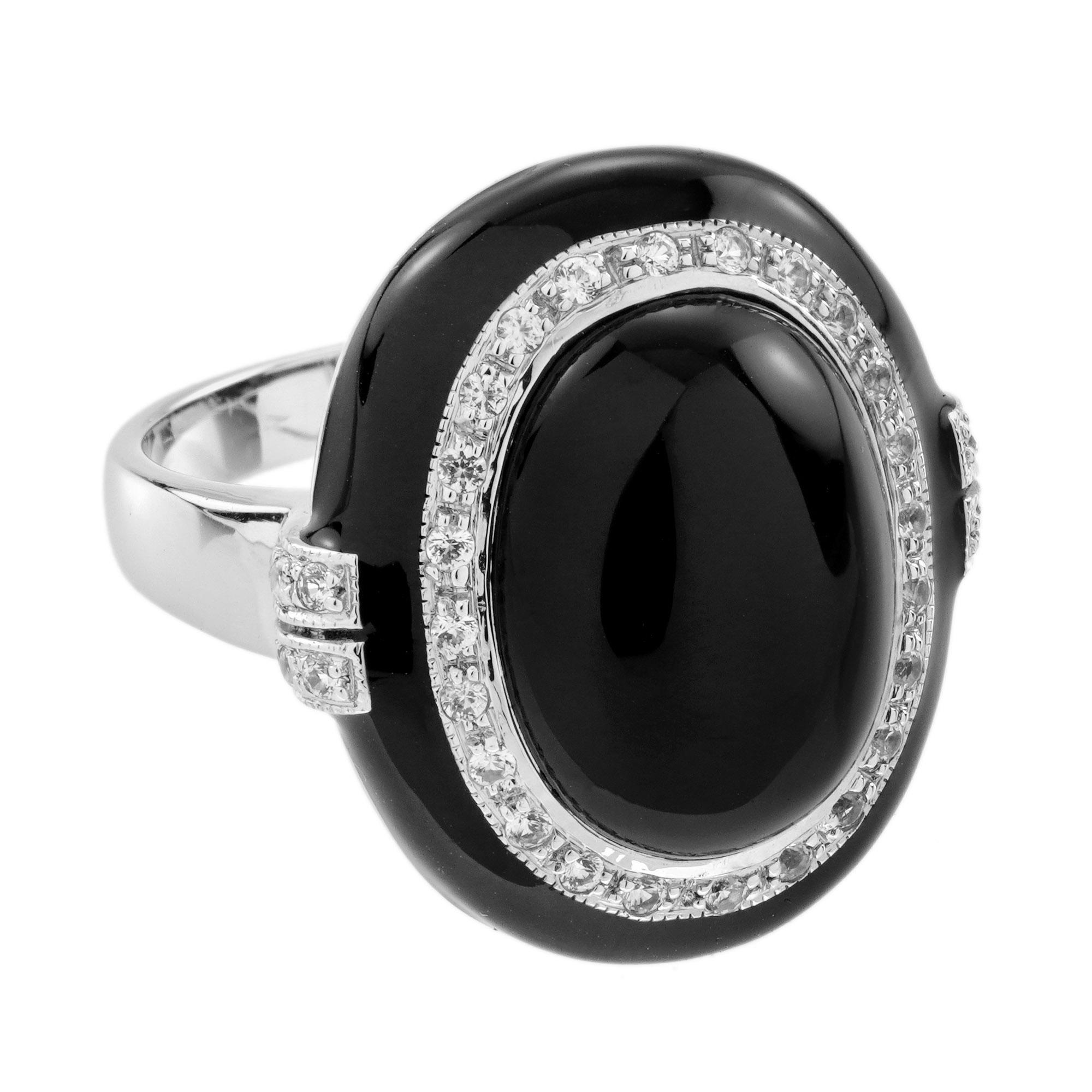Donna Anello da cocktail con onice cabochon, zaffiro bianco e smalto in stile Art Deco in oro 9K in vendita