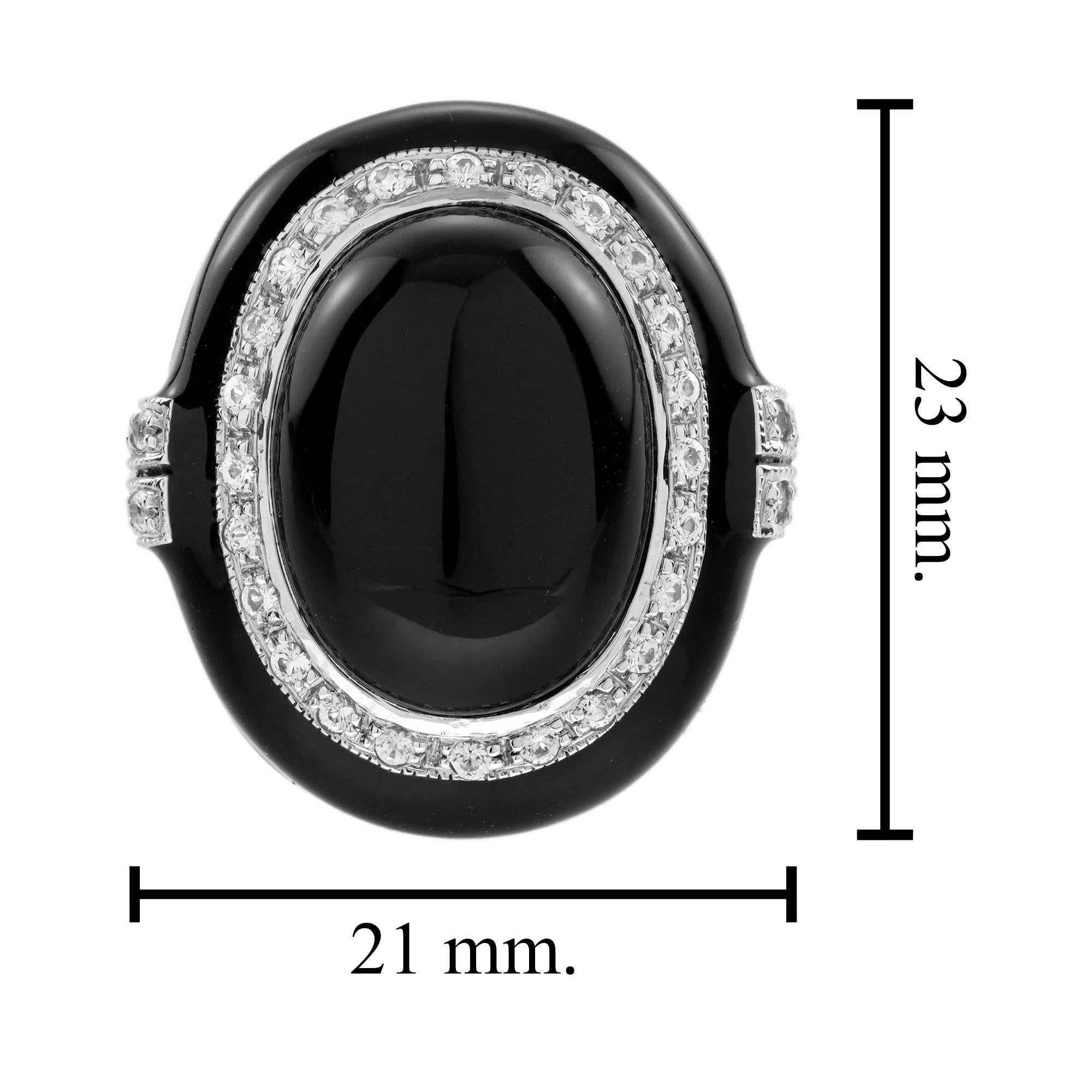 Anello da cocktail con onice cabochon, zaffiro bianco e smalto in stile Art Deco in oro 9K in vendita 4