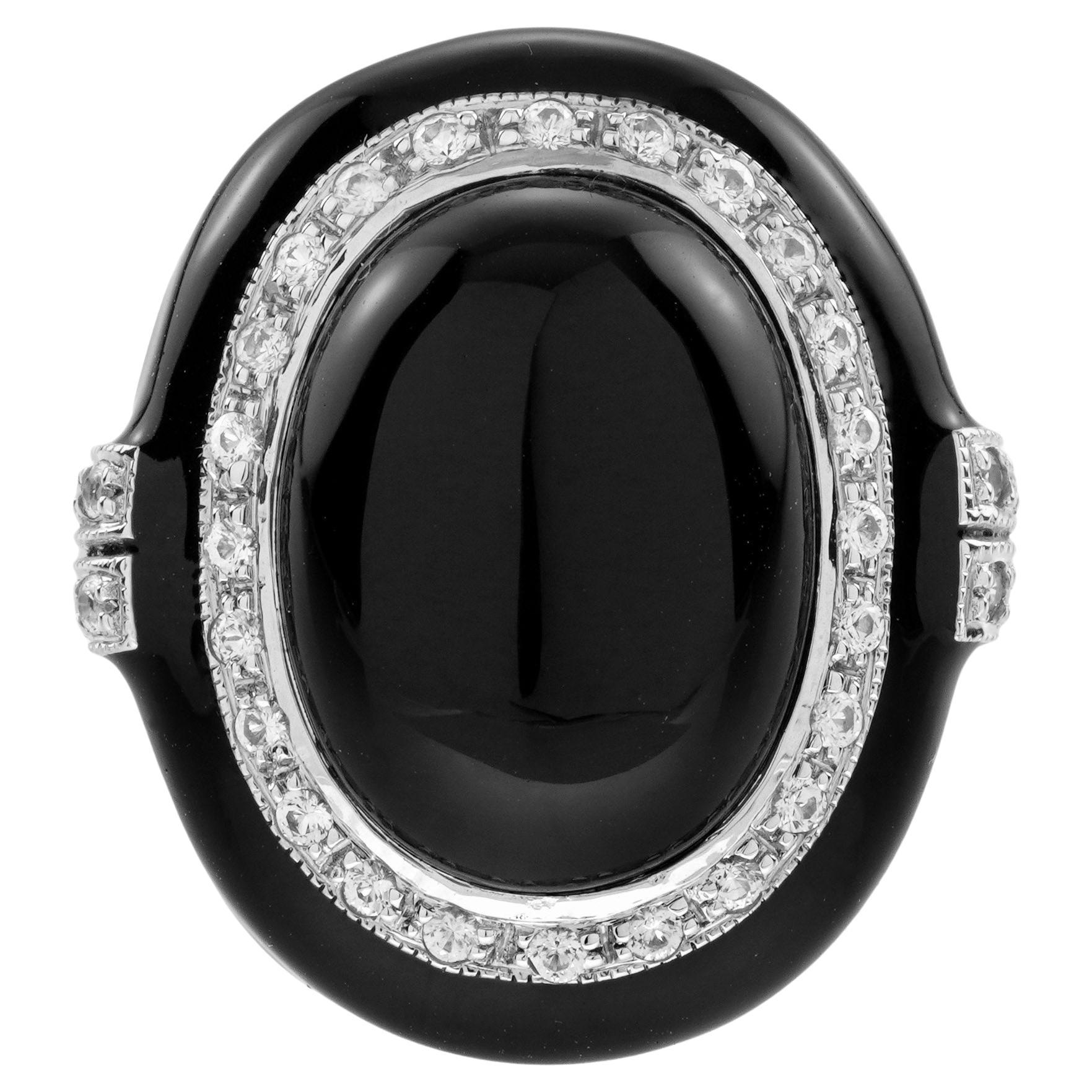 Anello da cocktail con onice cabochon, zaffiro bianco e smalto in stile Art Deco in oro 9K in vendita