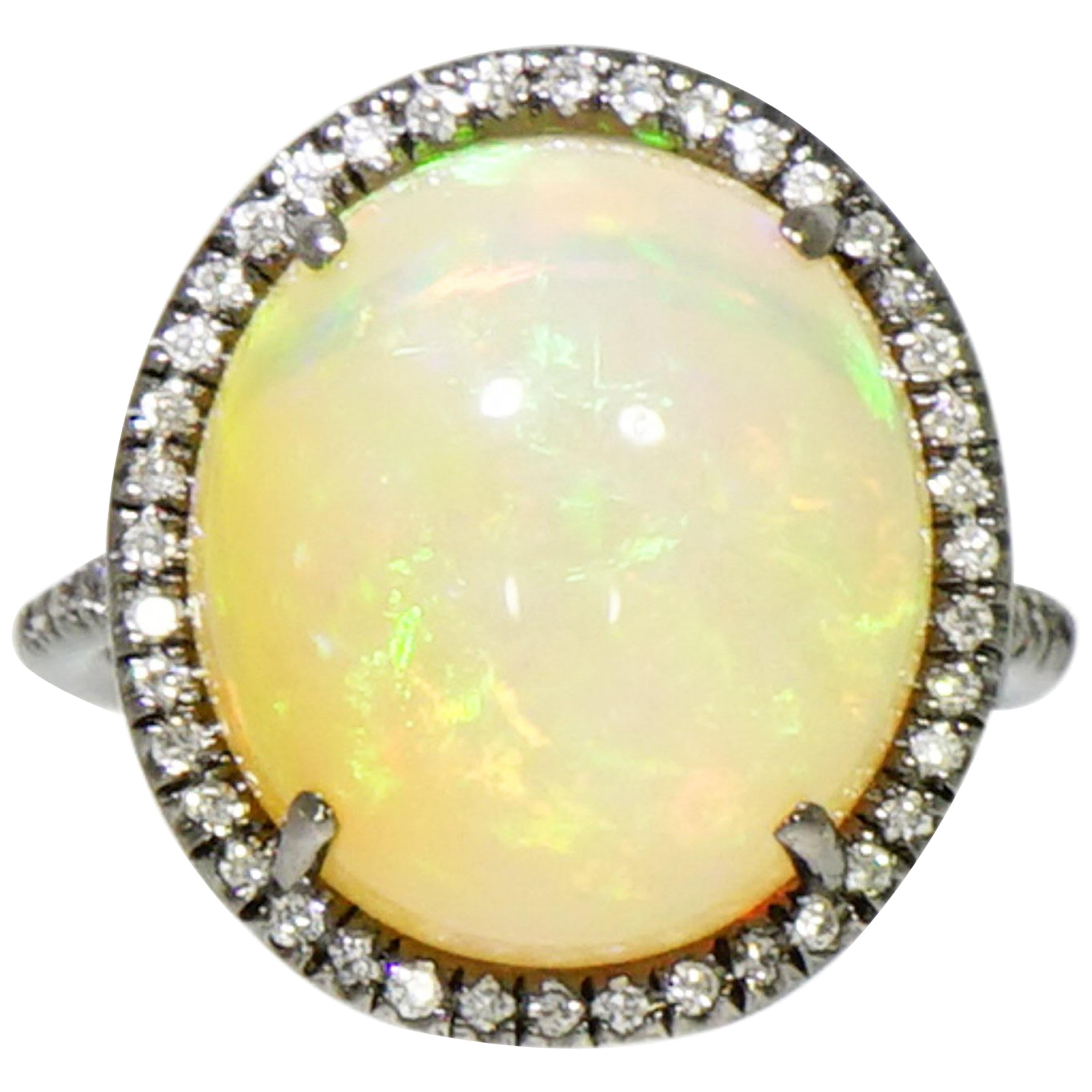 Cabochon Opal and Diamond White Gold Ring