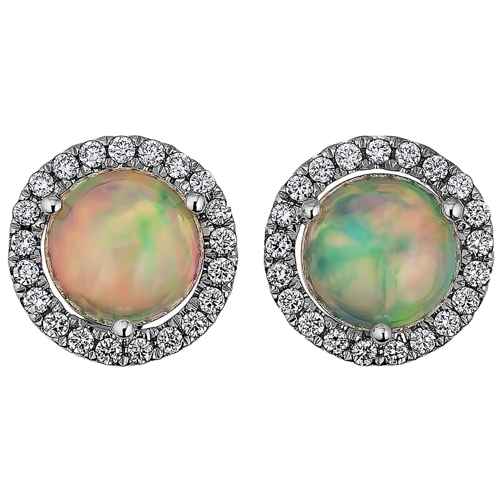 Cabochon Opal Diamond Gold Stud Earrings