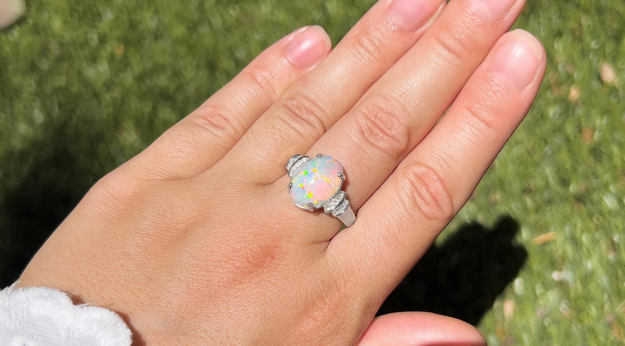 Contemporary Cabochon Opal Ring with Diamonds Silver