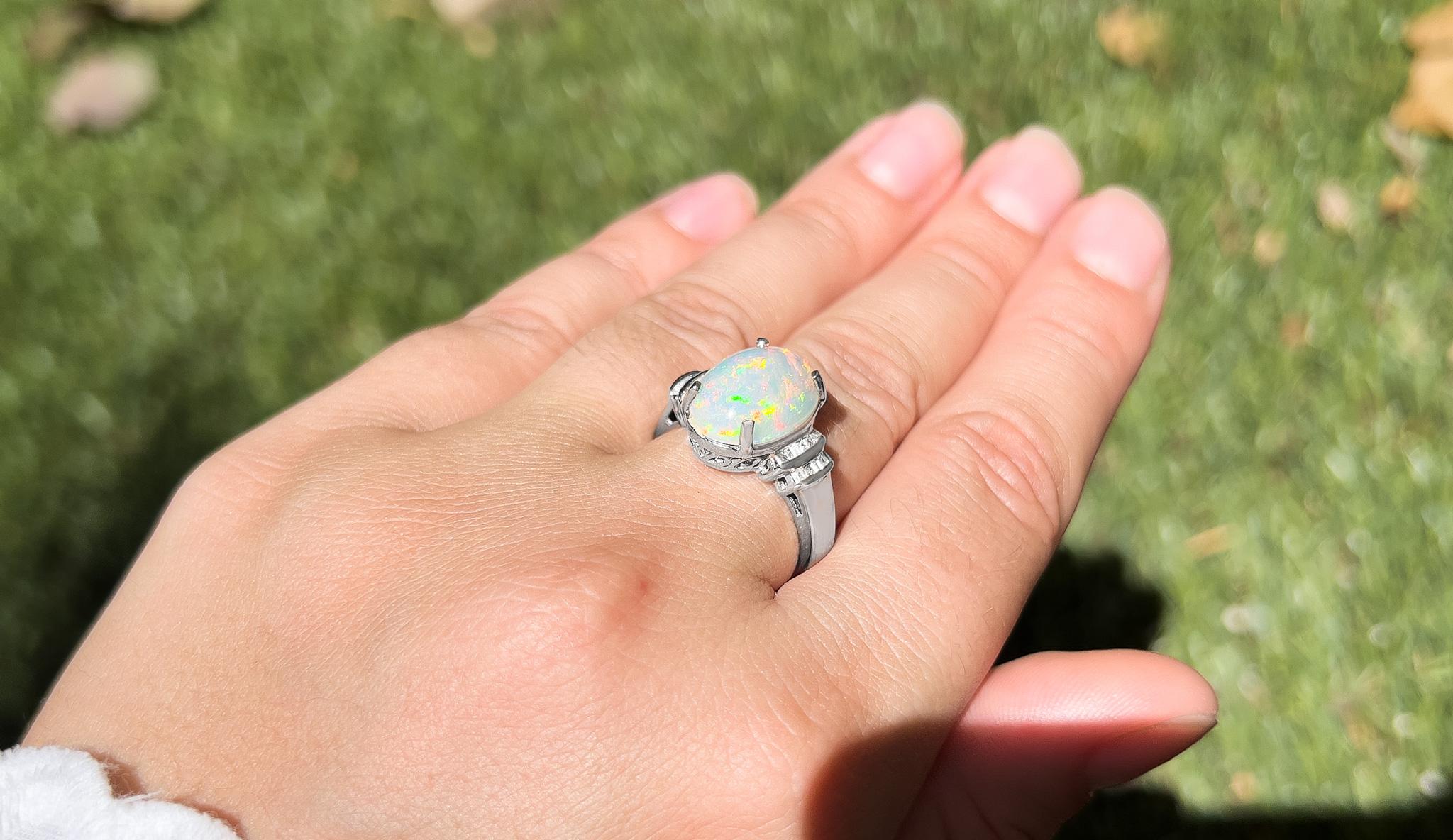 Cabochon Opal Ring with Diamonds Silver In Excellent Condition In Laguna Niguel, CA