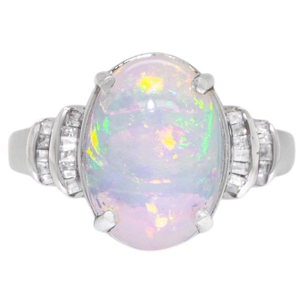 Cabochon Opal Ring with Diamonds Silver