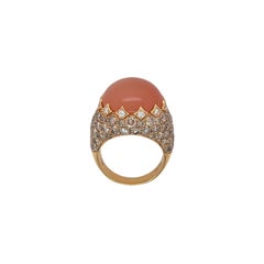 Cabochon Orange Moonstone & Champagne Diamond Ring in 18k Yellow Gold