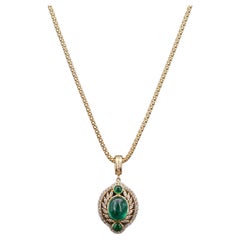 Cabochon Oval Cut Emerald Pendant Necklace, MidCentury Diamonds Bridal Necklace