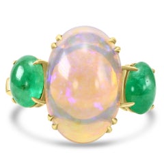 Cabochon Oval Opal & Emerald 18 Karat Yellow Gold Three-Stone Fashion Ring