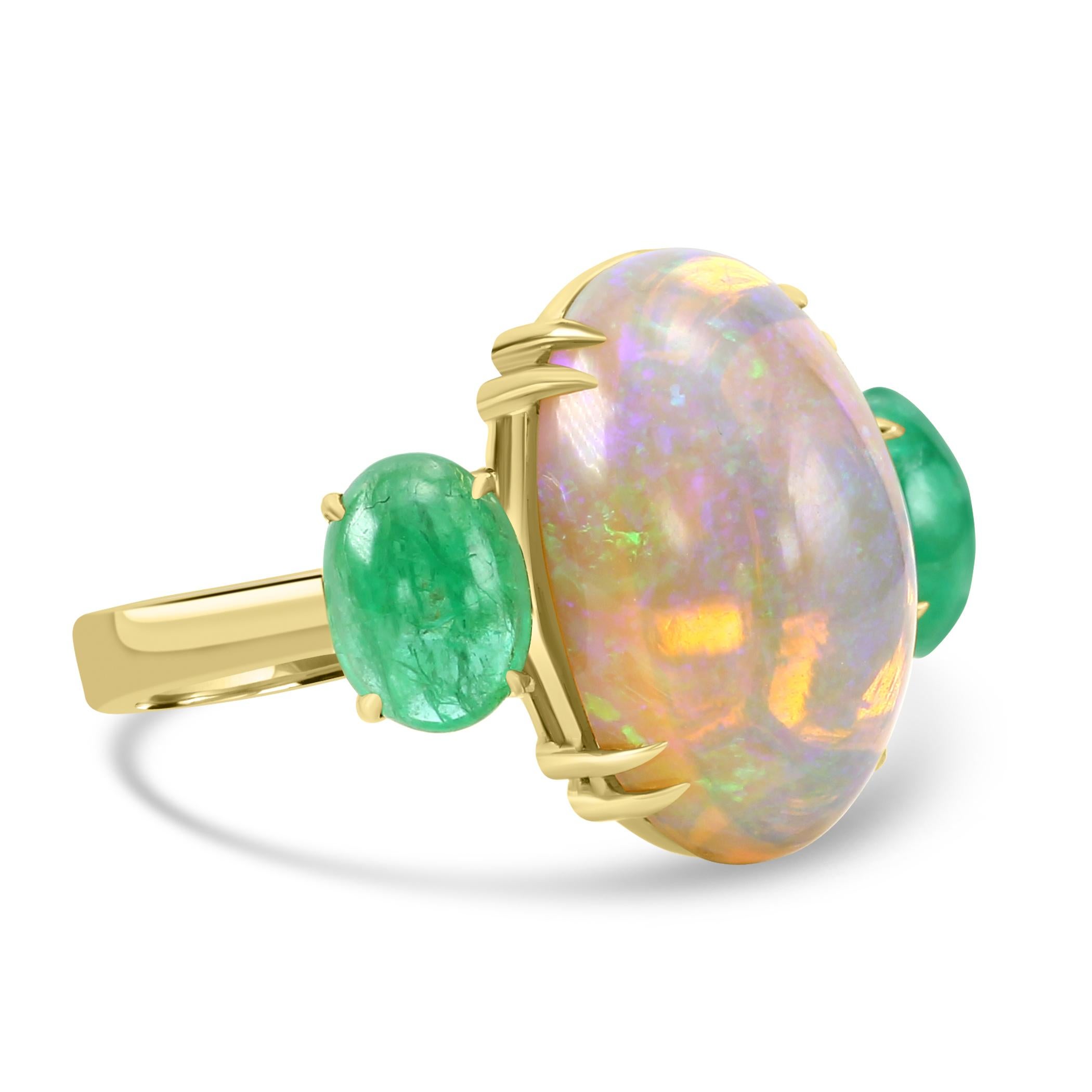 Modern Cabochon Oval Opal & Emerald 18 Karat Yellow Gold Three-Stone Fashion Ring For Sale