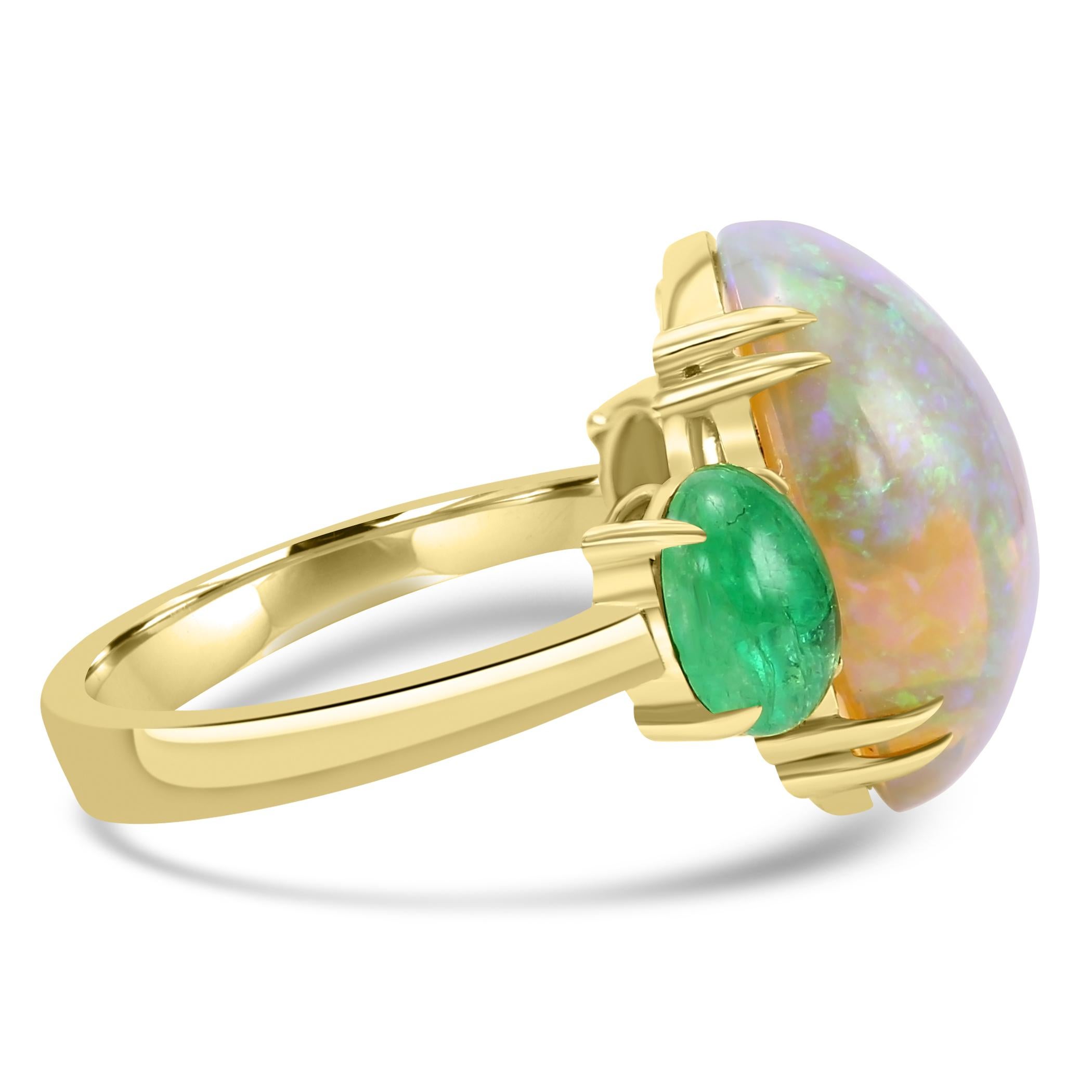 Oval Cut Cabochon Oval Opal & Emerald 18 Karat Yellow Gold Three-Stone Fashion Ring For Sale