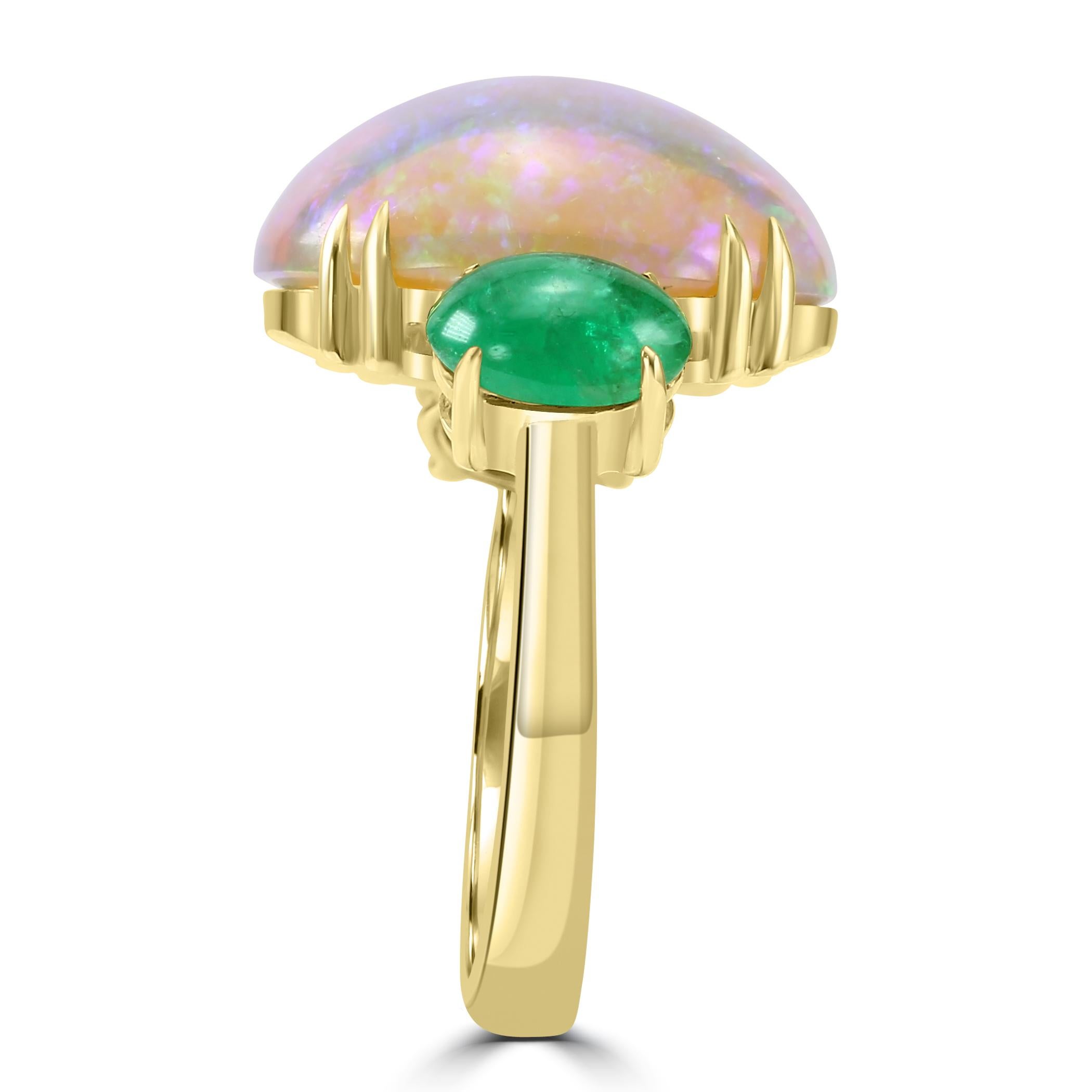 Cabochon Oval Opal & Emerald 18 Karat Yellow Gold Three-Stone Fashion Ring In New Condition For Sale In New York, NY