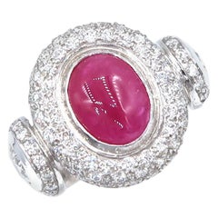 Cabochon Oval Ruby Diamond Pavé Convex Curve Round Diamond on Side 18K Gold Ring