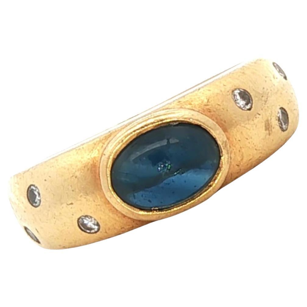 Cabochon Oval Sapphire Diamond 18 Karat Yellow Gold Band Ring