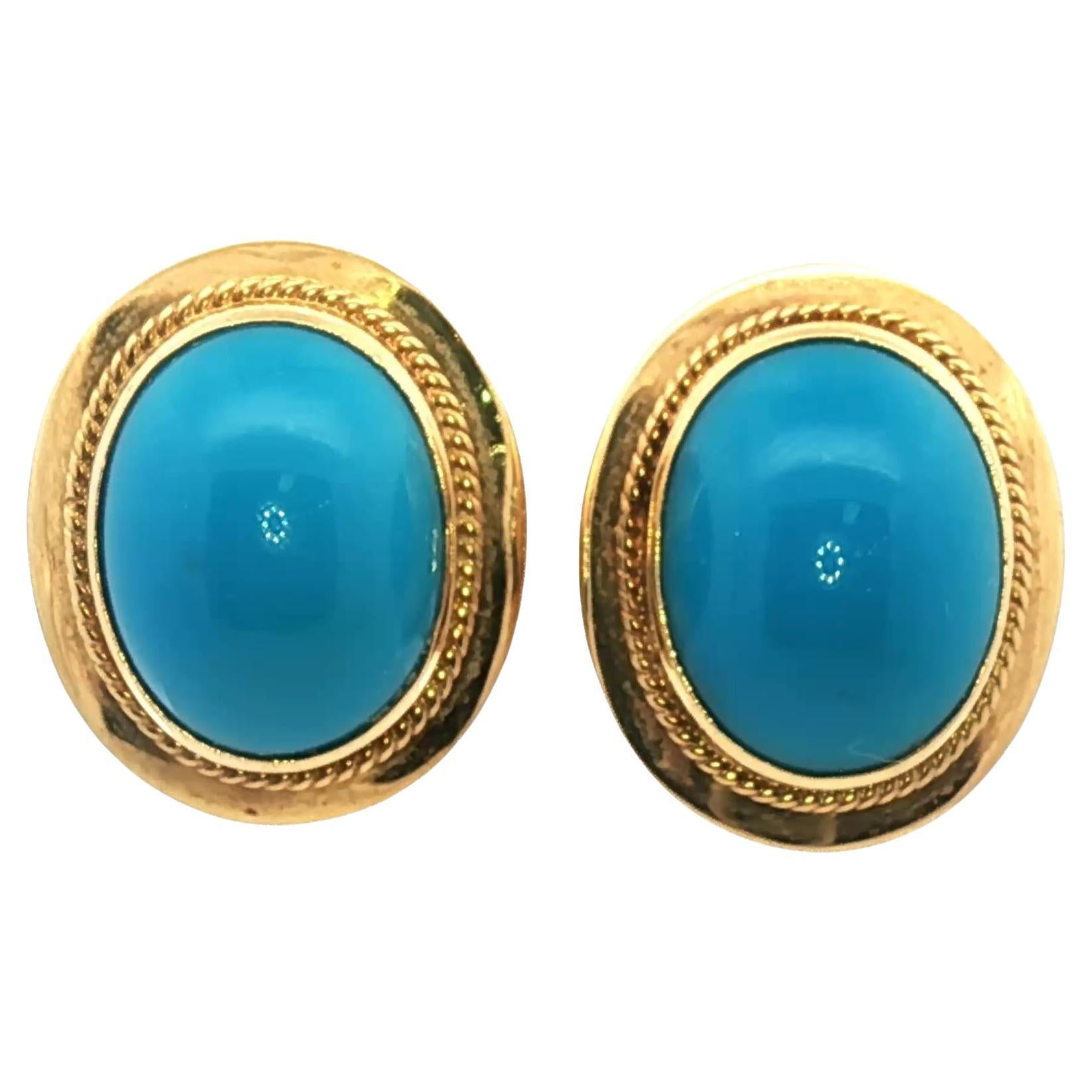 Cabochon Oval Turquoise 18 Karat Yellow Gold Leverback Earrings en venta