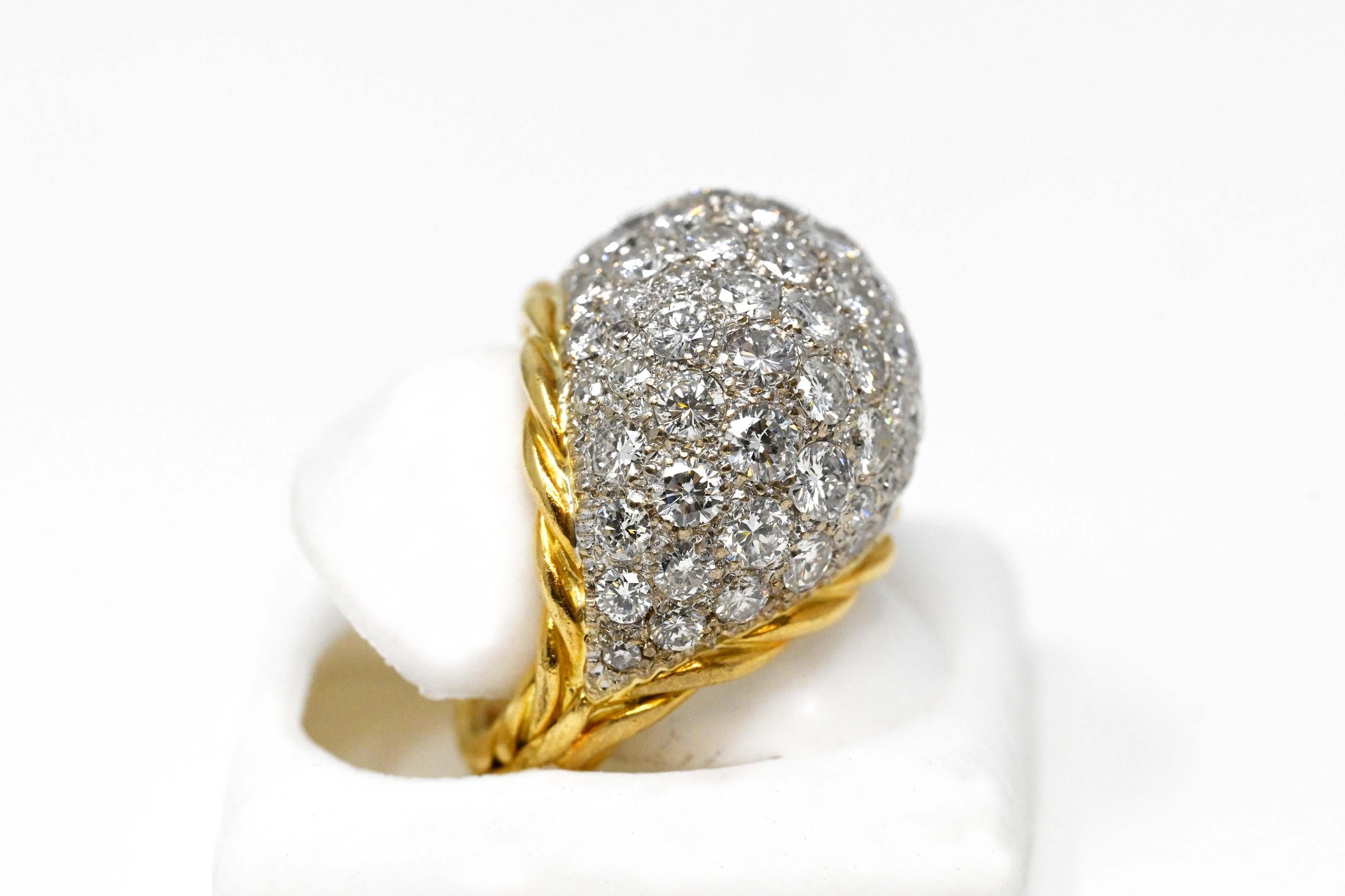 Modern Cabochon Pave Style Yellow and White 18 Karat Gold Ladies Ring For Sale