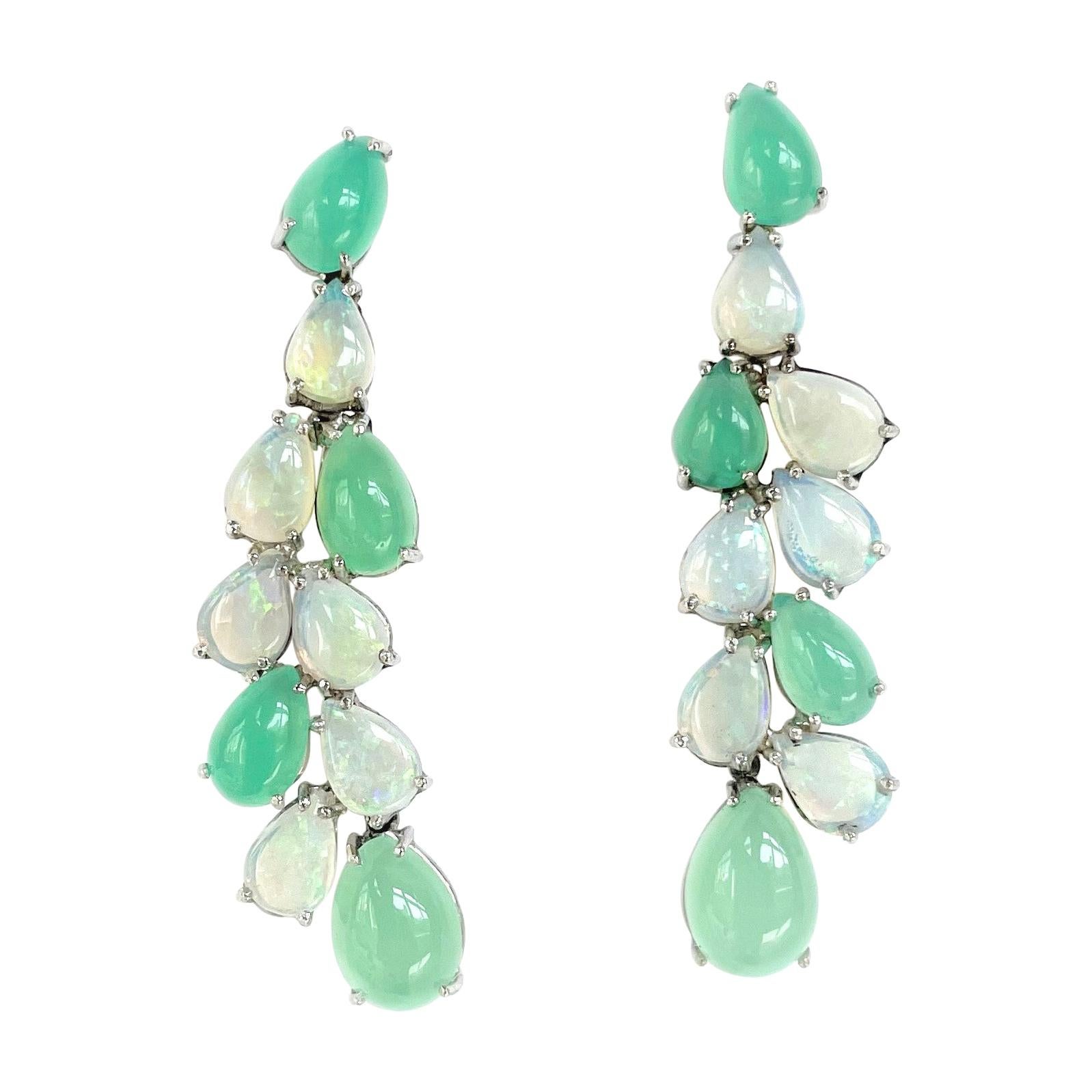 Rosior Pear Cut Cabochon Opal and Chrysophrase Dangle Earrings set in White Gold