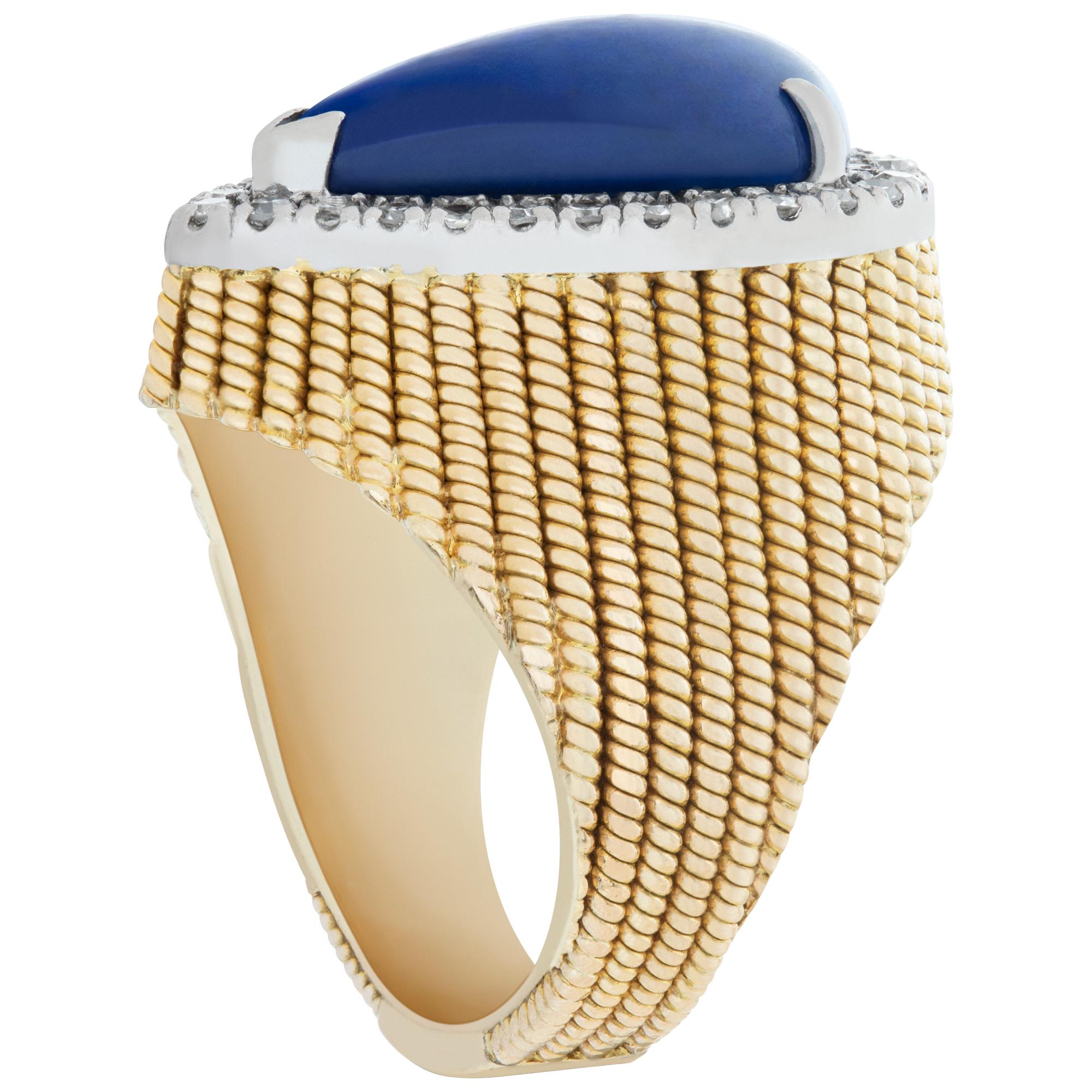 Women's Cabochon Pear Shape Cut Lapis Lazuly Set in 14K Textured Yellow Gold Ring For Sale