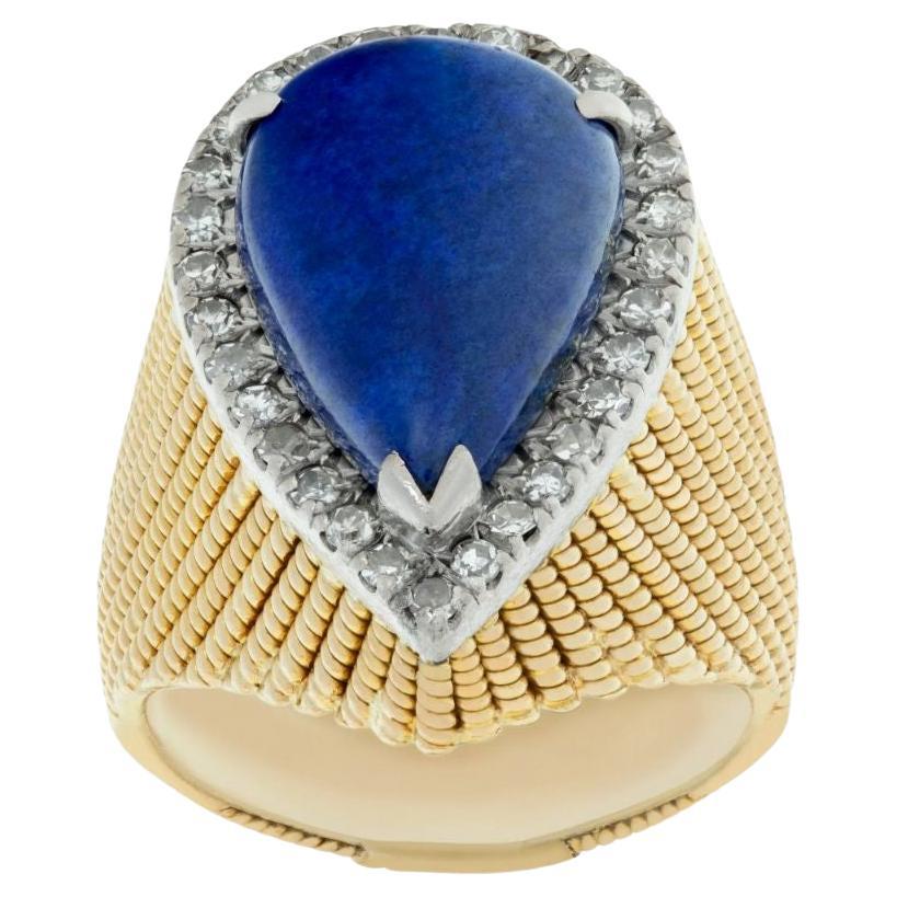 Cabochon Pear Shape Cut Lapis Lazuly Set in 14K Textured Yellow Gold Ring