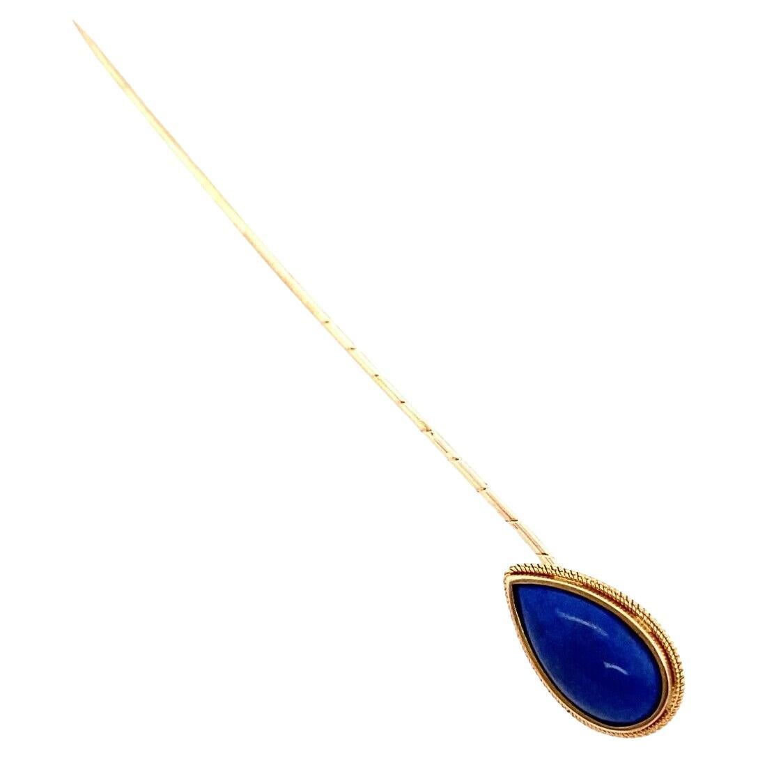 Cabochon Pear Shape Lapis Twisted Pin in 18ct Yellow Gold For Sale