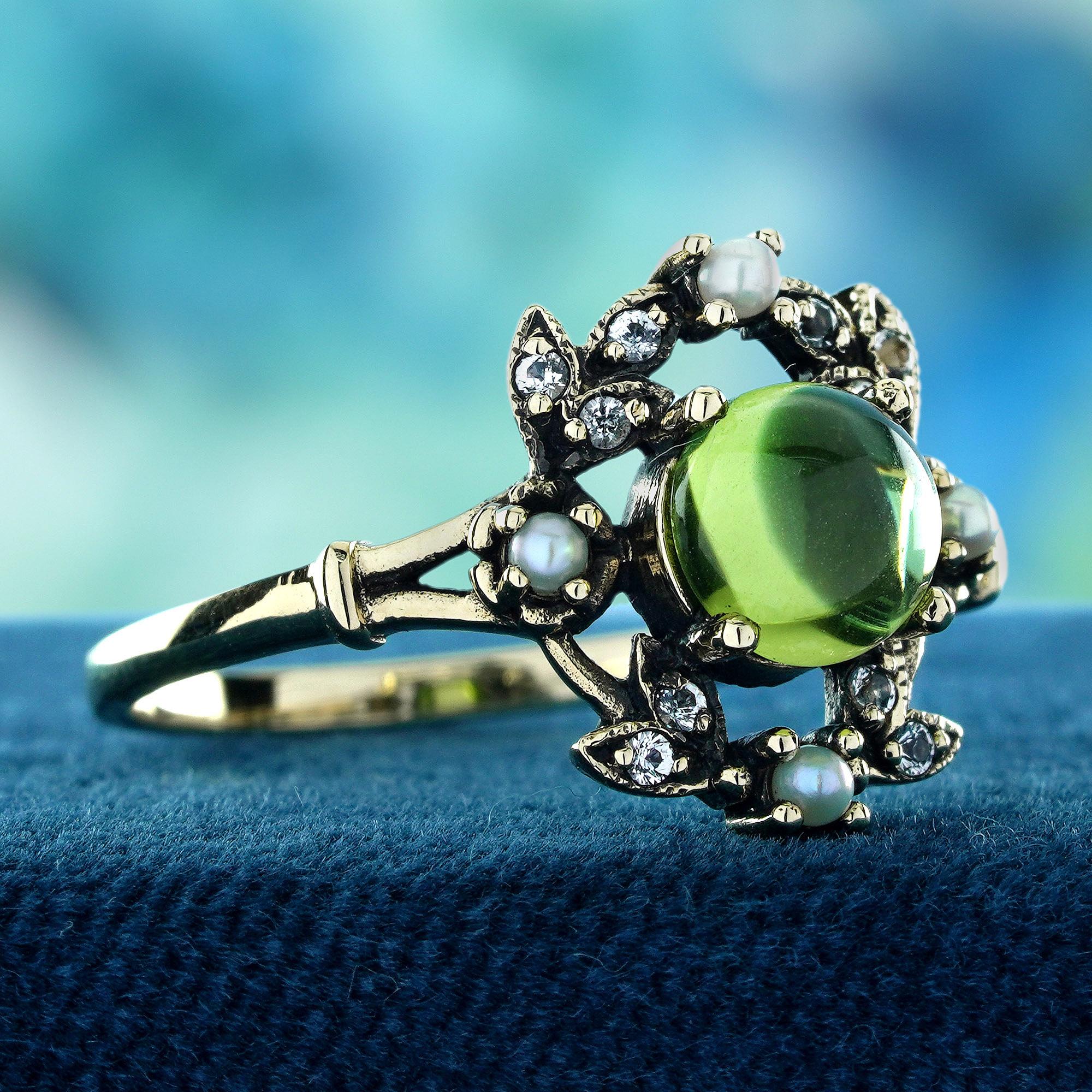 Edwardian Cabochon Peridot Pearl White Topaz Vintage Style Ring in Solid 9K Yellow Gold For Sale