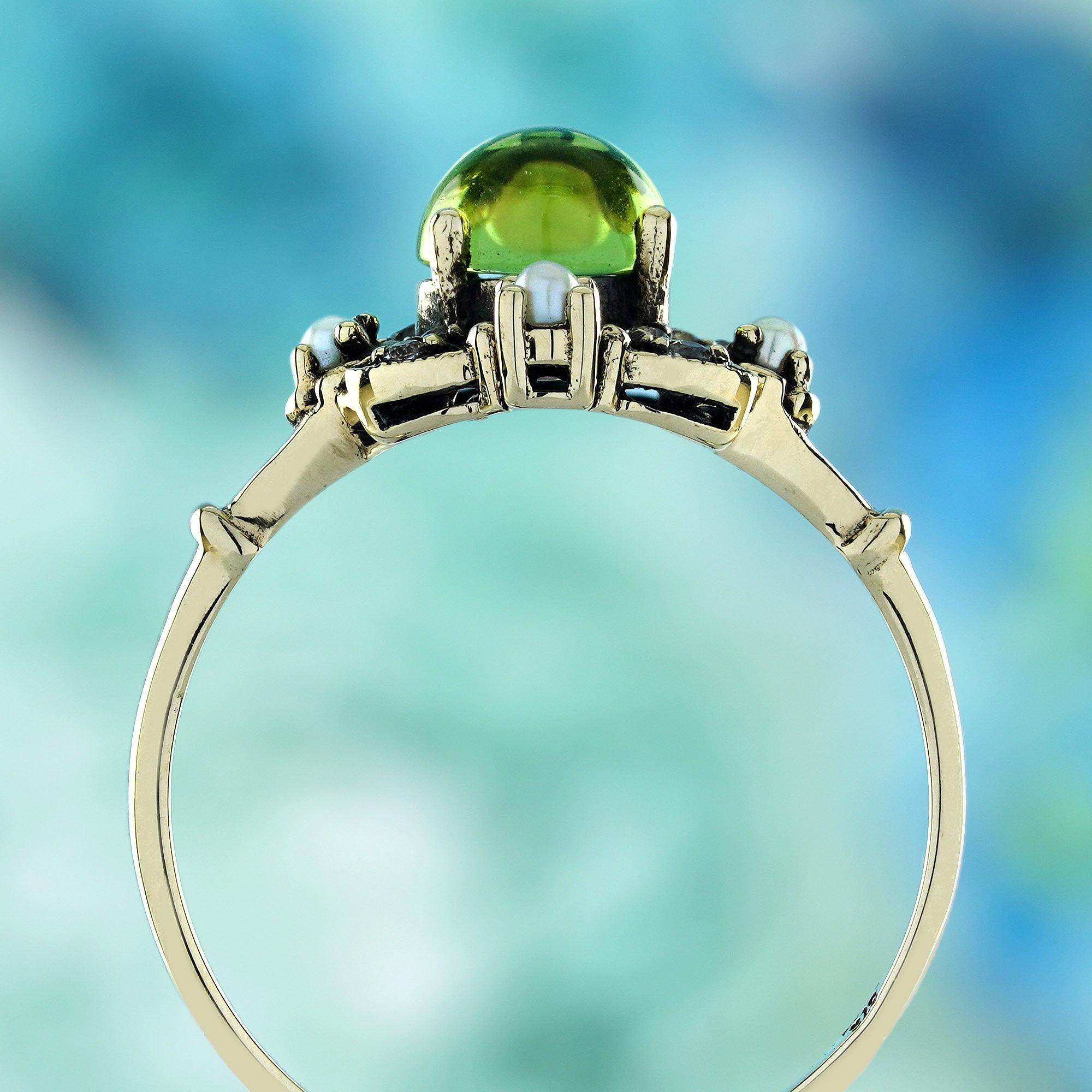 Cabochon Peridot Pearl White Topaz Vintage Style Ring in Solid 9K Yellow Gold In New Condition For Sale In Bangkok, TH