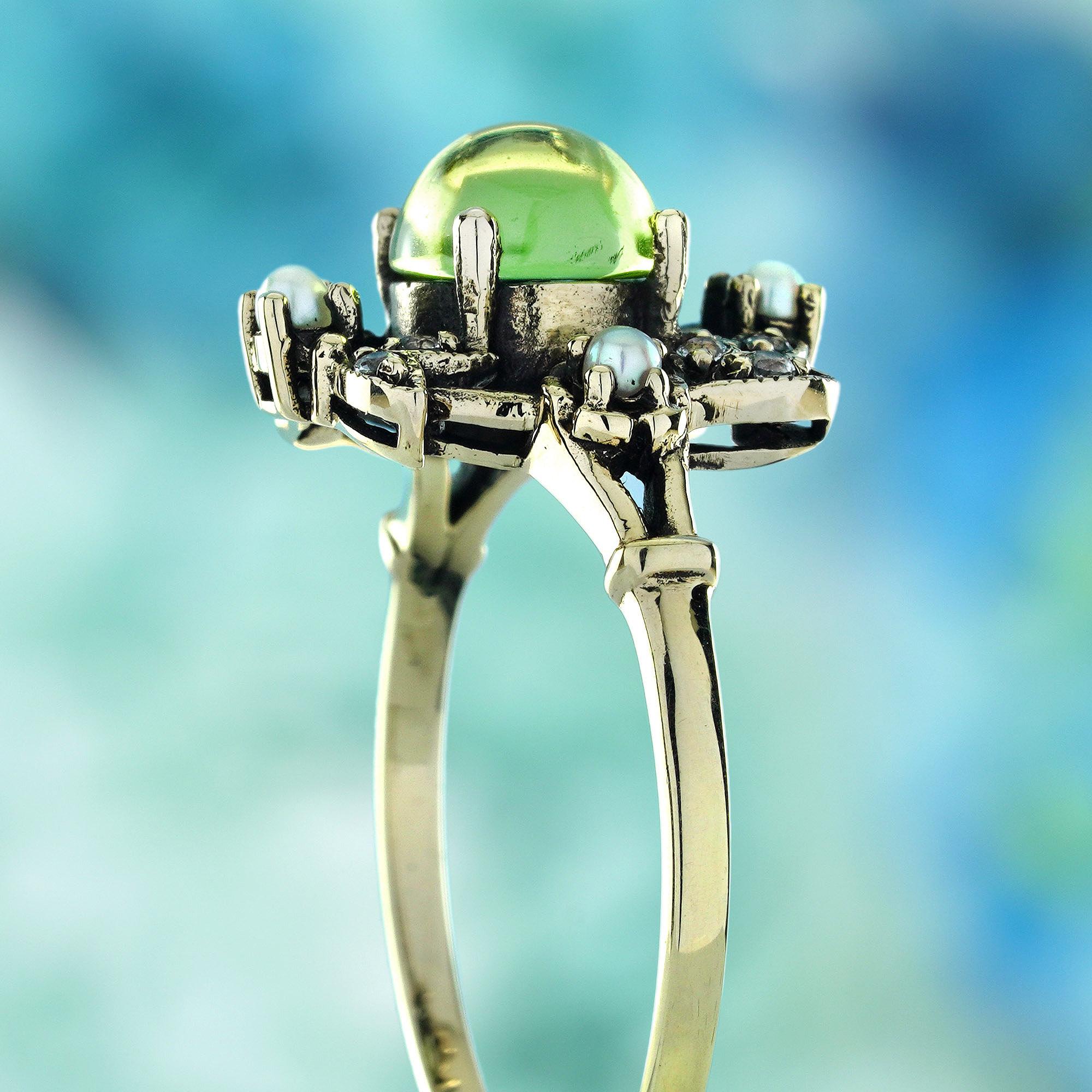 Women's Cabochon Peridot Pearl White Topaz Vintage Style Ring in Solid 9K Yellow Gold For Sale