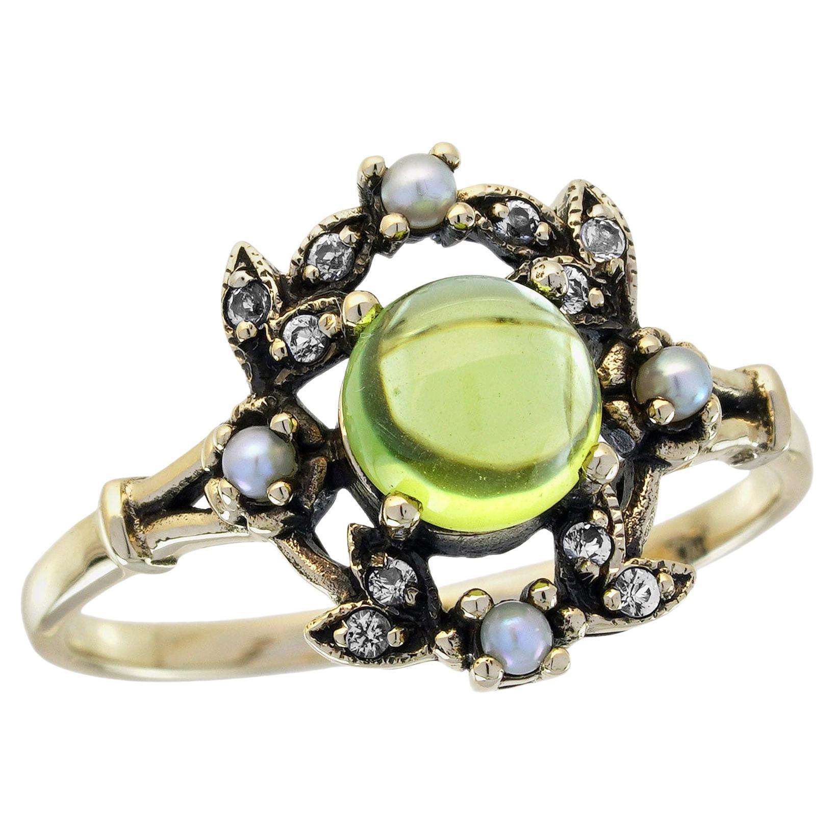 Cabochon Peridot Pearl White Topaz Vintage Style Ring in Solid 9K Yellow Gold
