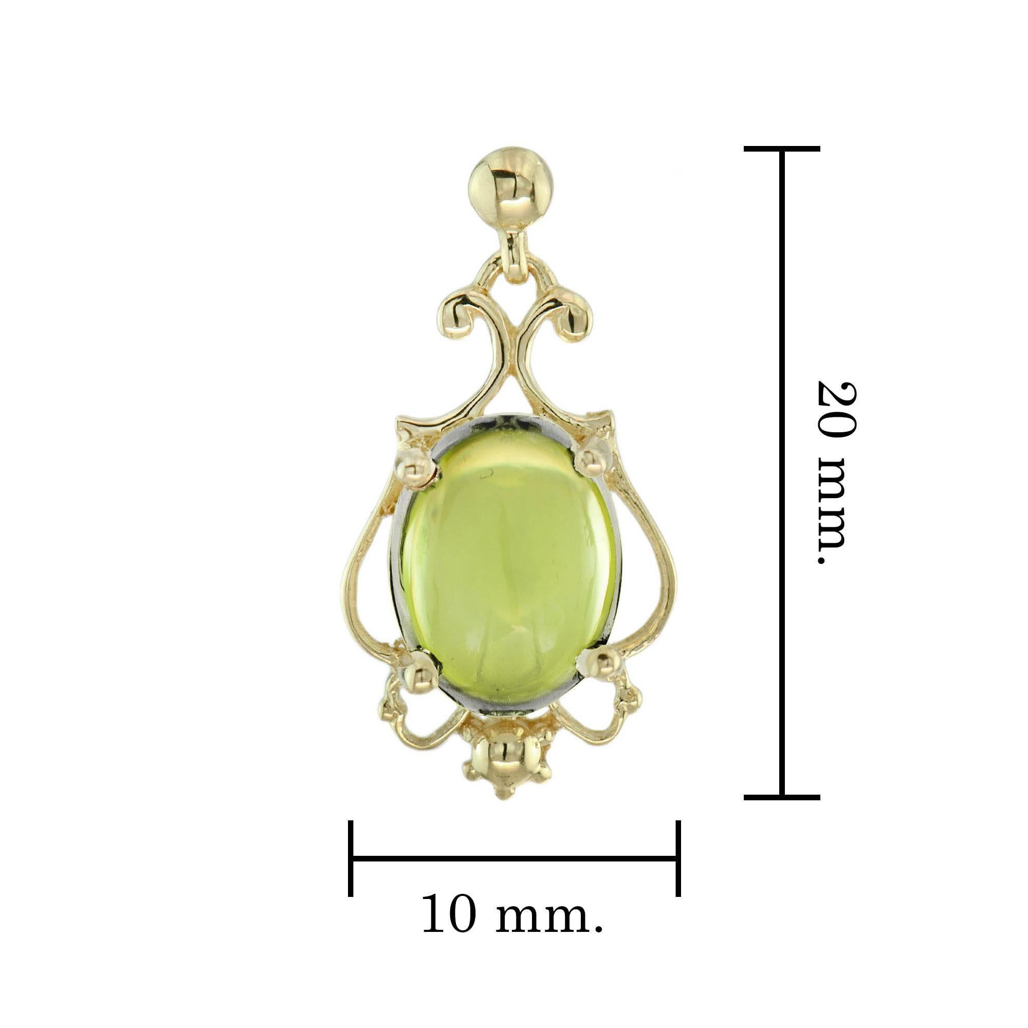 Women's Cabochon Peridot Vintage Style Drop Earrings in 9K Yellow Gold For Sale