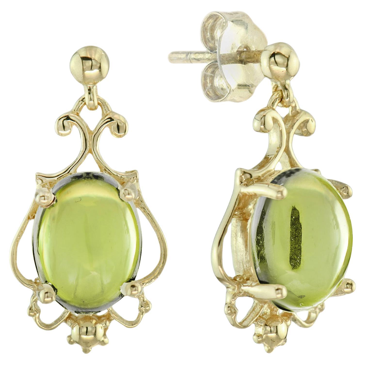 Cabochon Peridot Vintage Style Tropfen Ohrringe in 9K Gelbgold