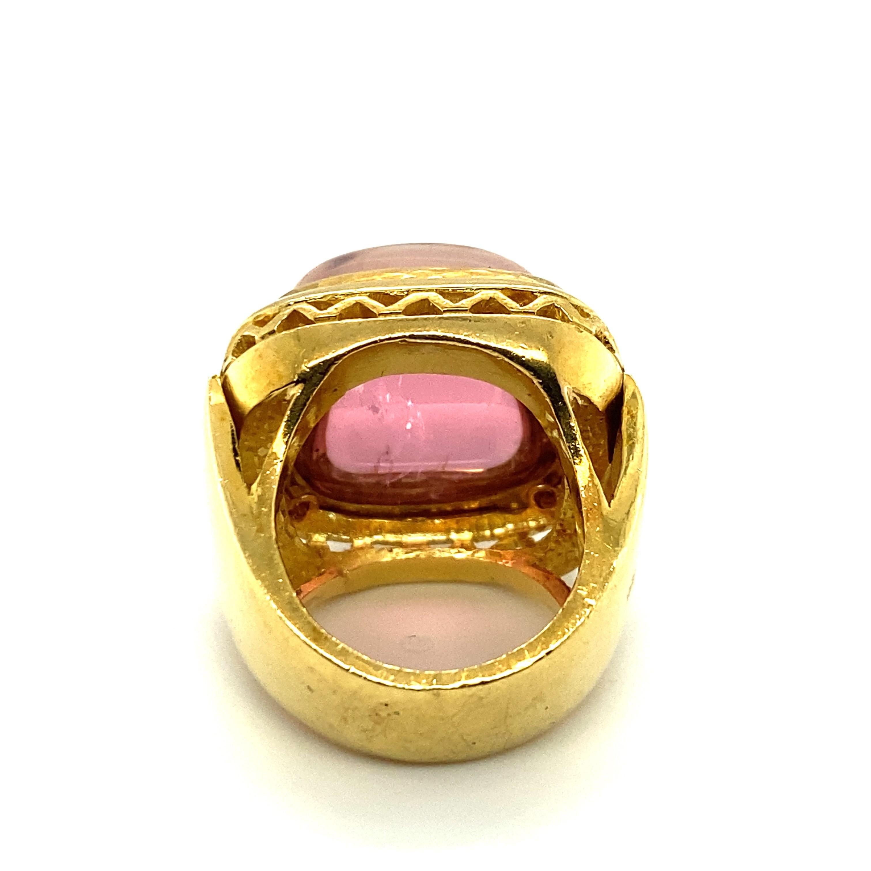 Women's or Men's Cabochon Pink Tourmaline and 18 Karat Gold Cocktail Ring