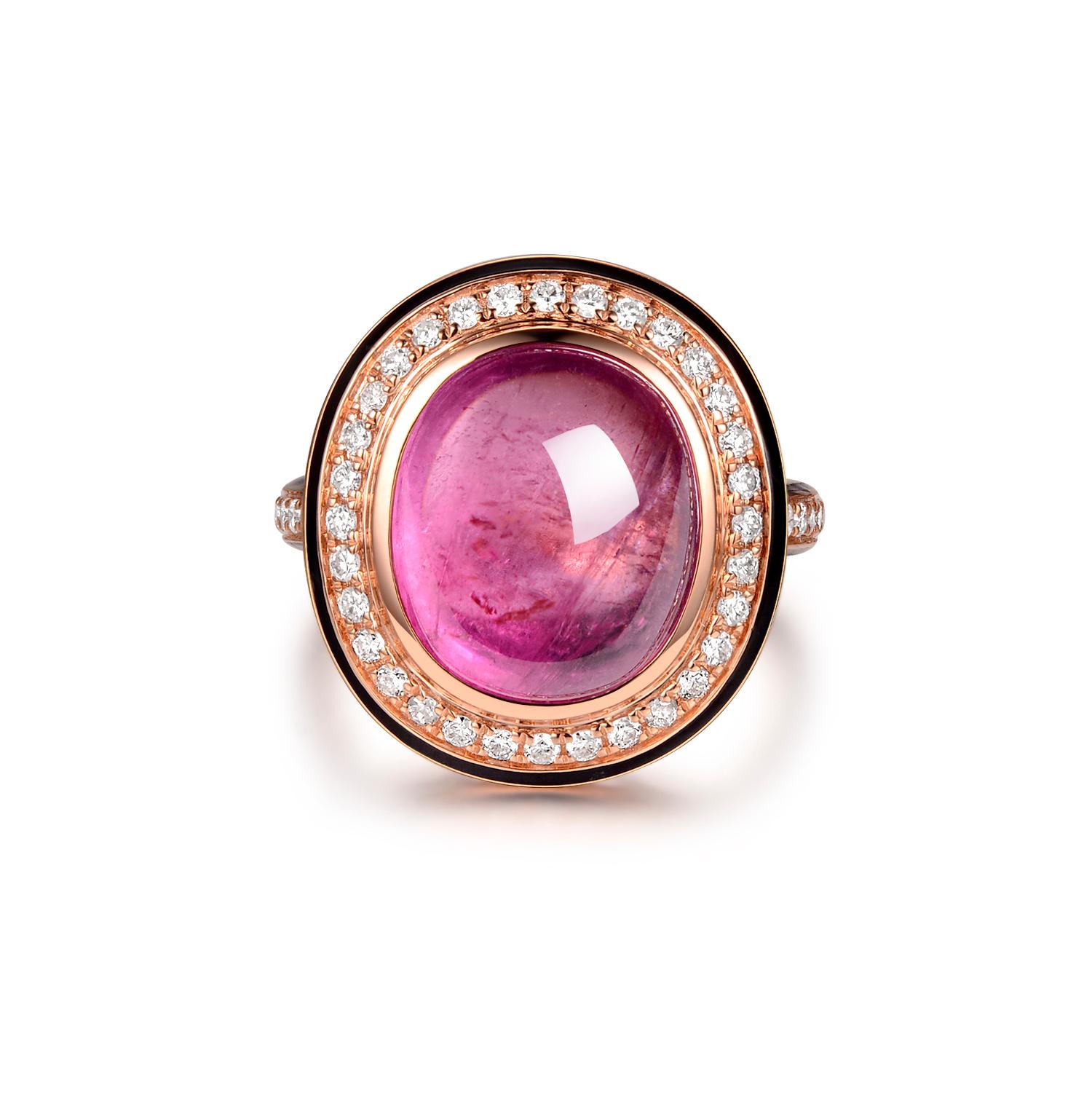 This lovely cabochon ring is crafted in 18 karat rose gold. The stunning cocktail ring is set with a 7.55 carats oval cabochon pink tourmaline in the center with bezel, assented with one halo of round brilliance diamond. The diamond halo is outlined