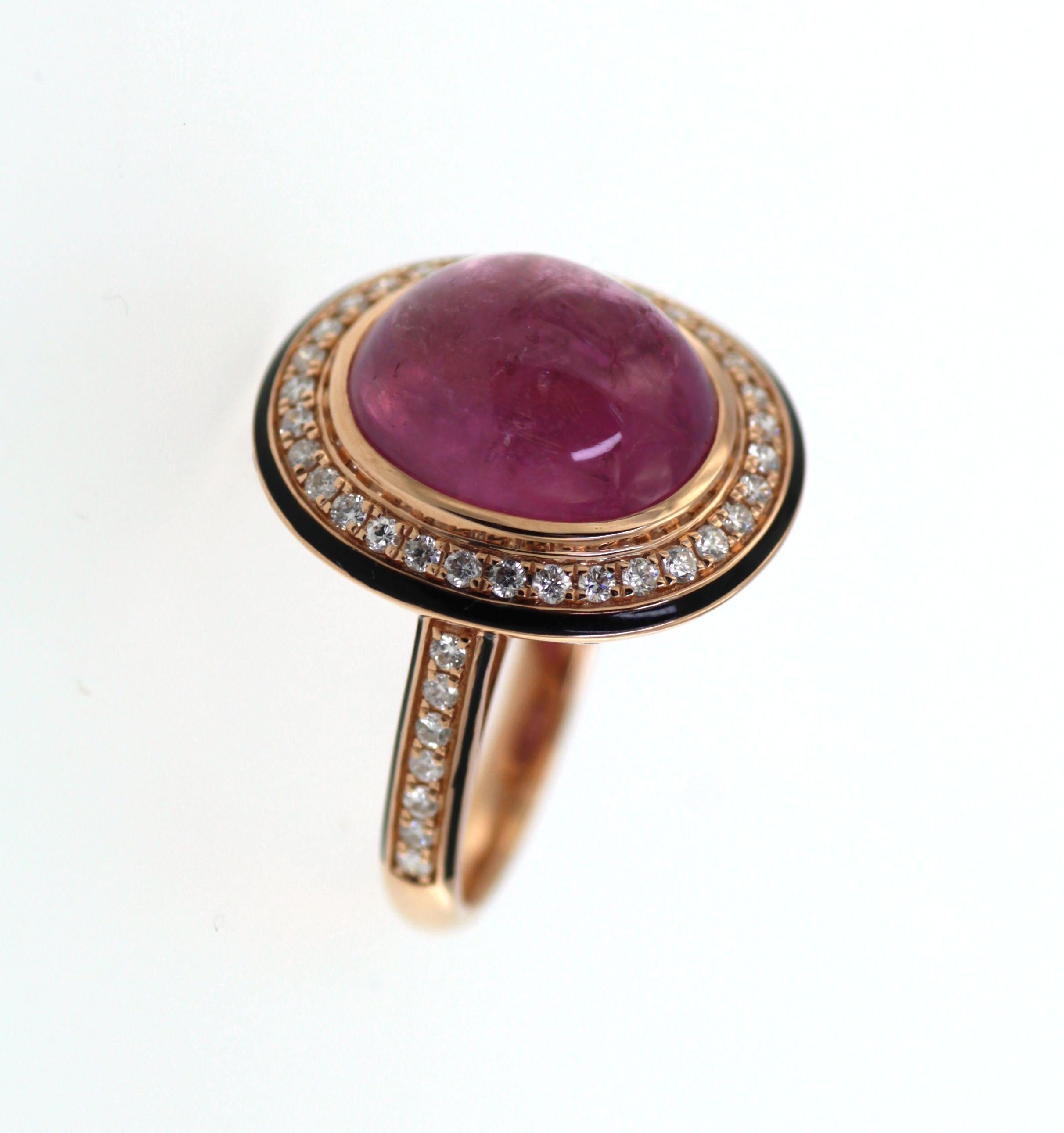 Contemporary Cabochon Pink Tourmaline Diamond Enamel Ring
