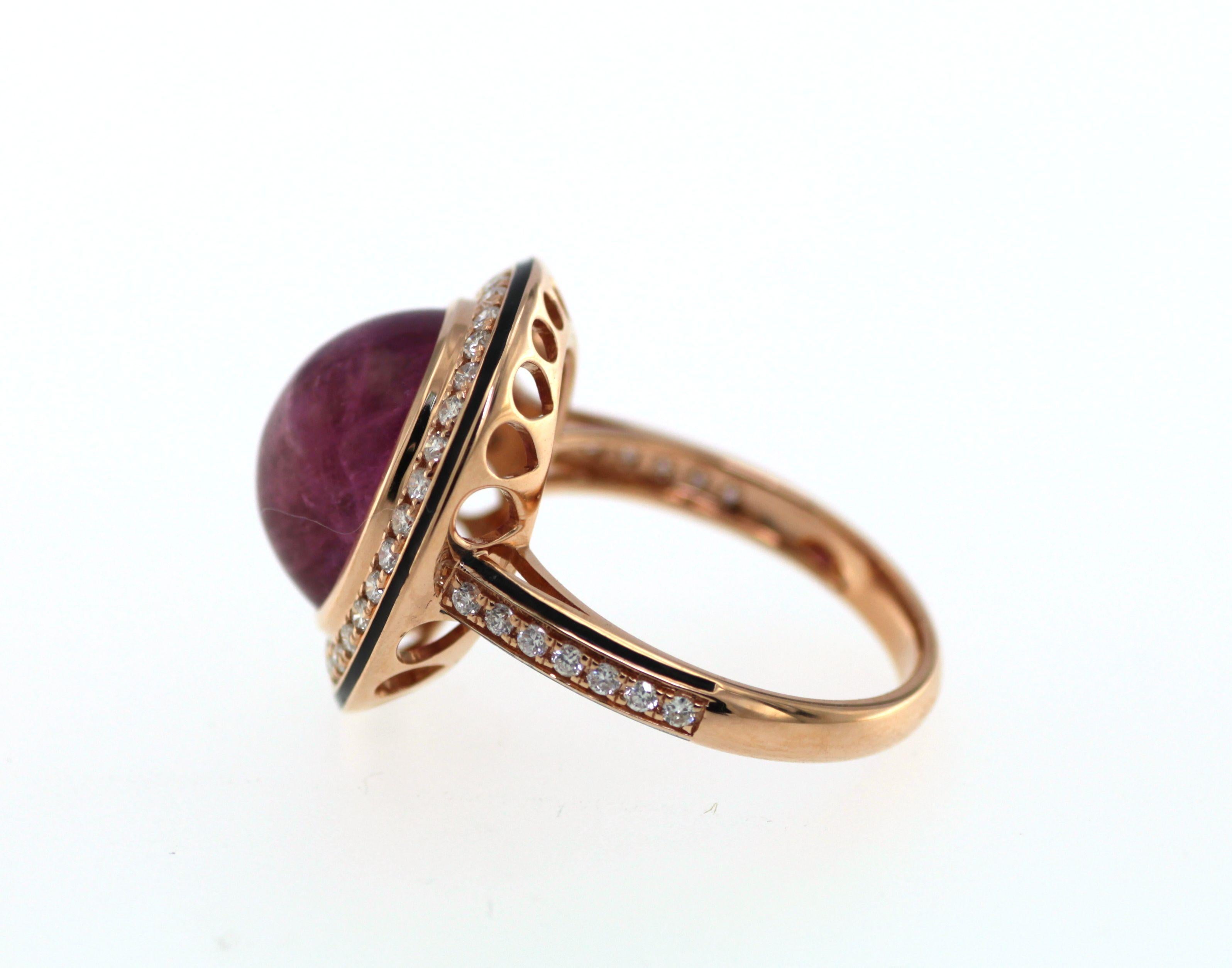 Women's Cabochon Pink Tourmaline Diamond Enamel Ring