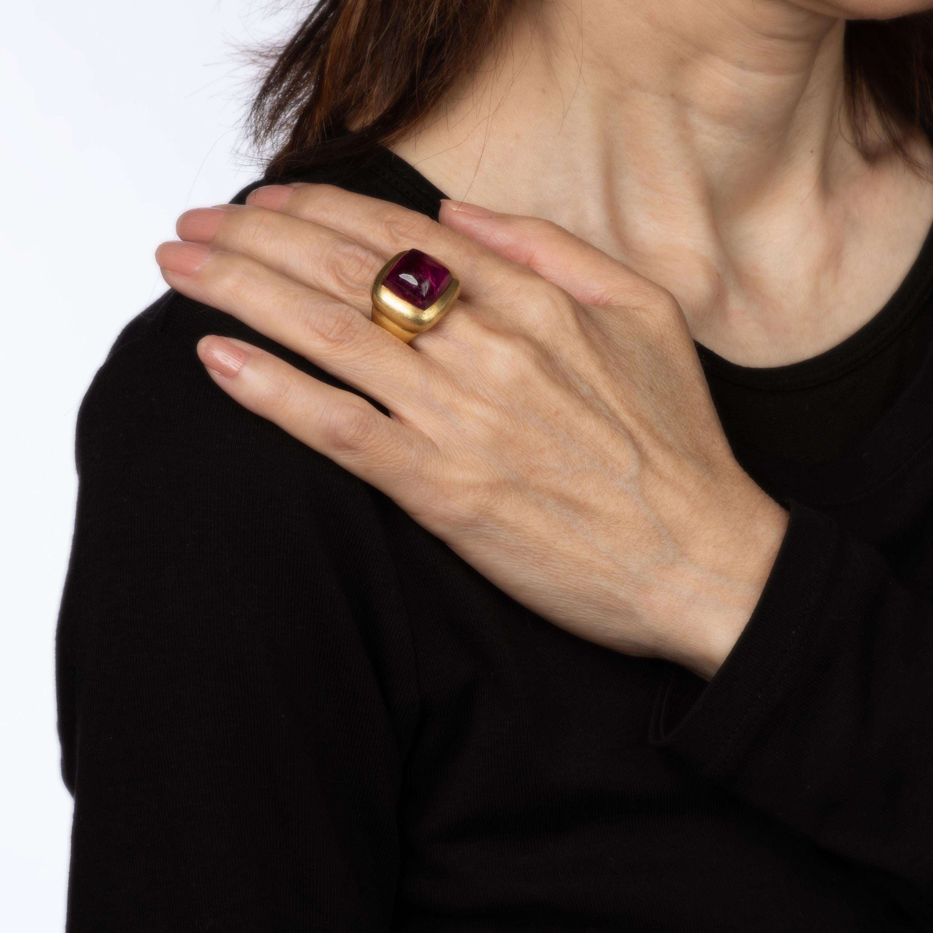 Cabochon Pink Tourmaline Ring Square Cocktail Estate 18k Yellow Gold Sz 6 Maz 1
