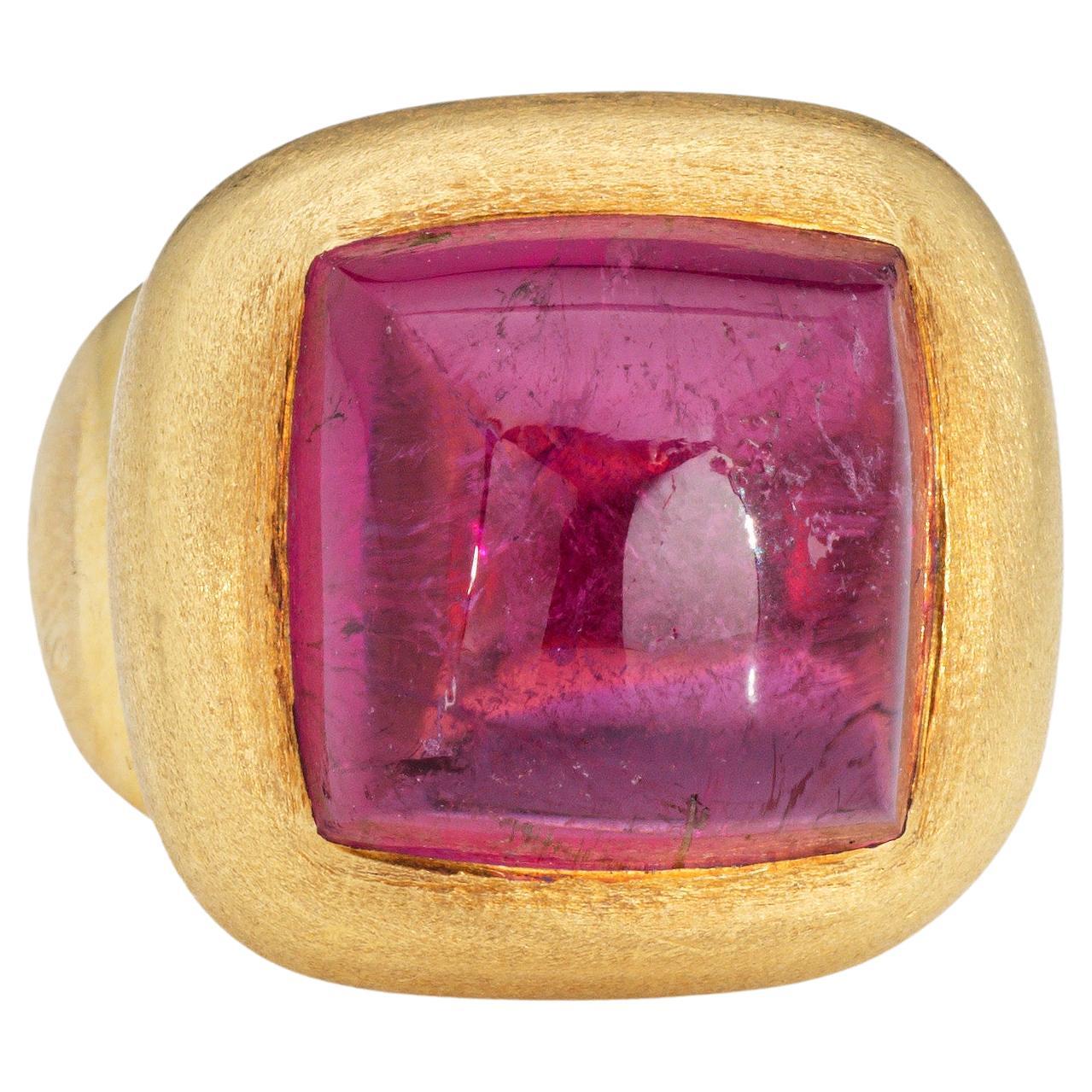 Cabochon Pink Tourmaline Ring Square Cocktail Estate 18k Yellow Gold Sz 6 Maz   For Sale