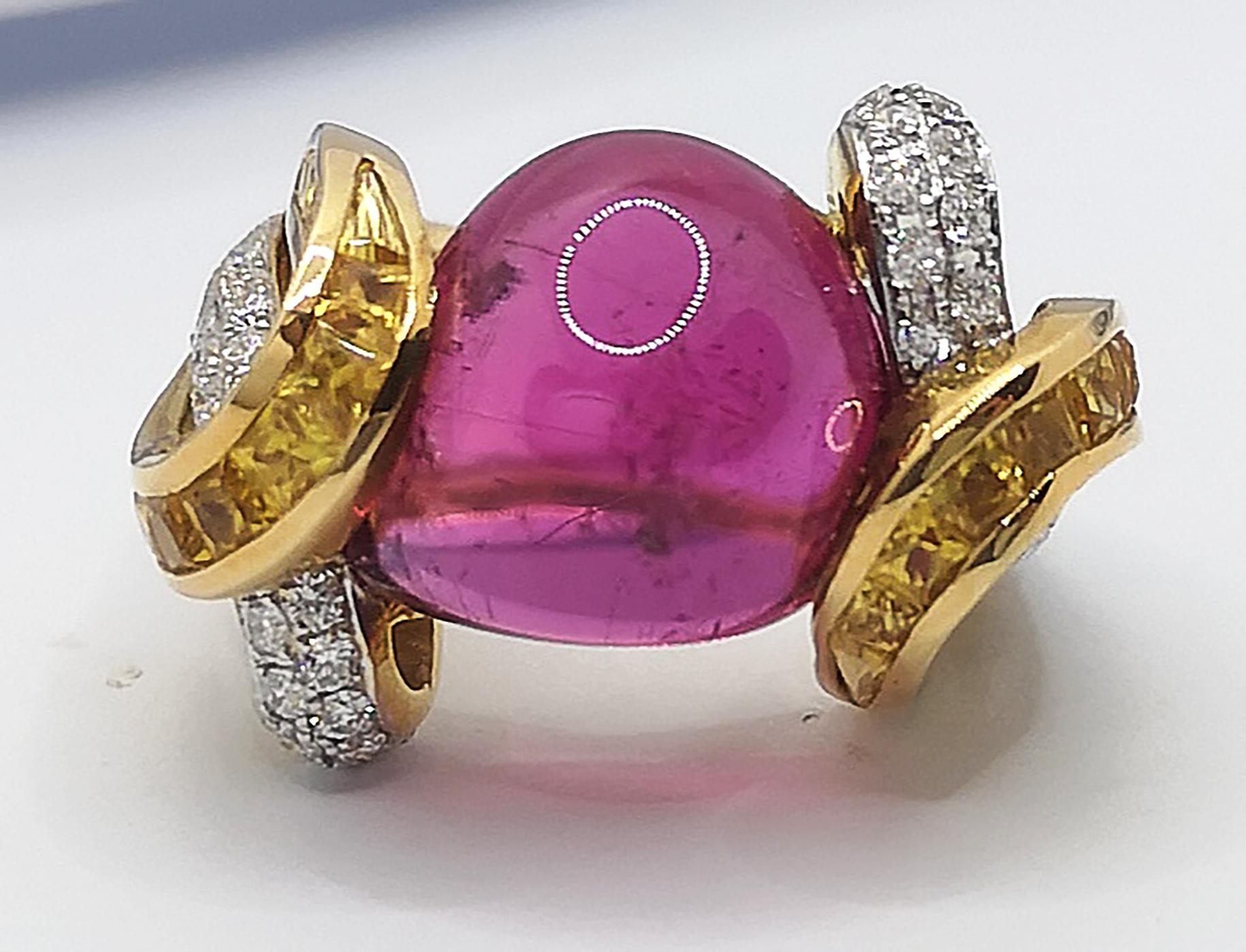 Cabochon Pink Tourmaline with Diamond and Yellow Sapphire Ring in 18 Karat Gold For Sale 5