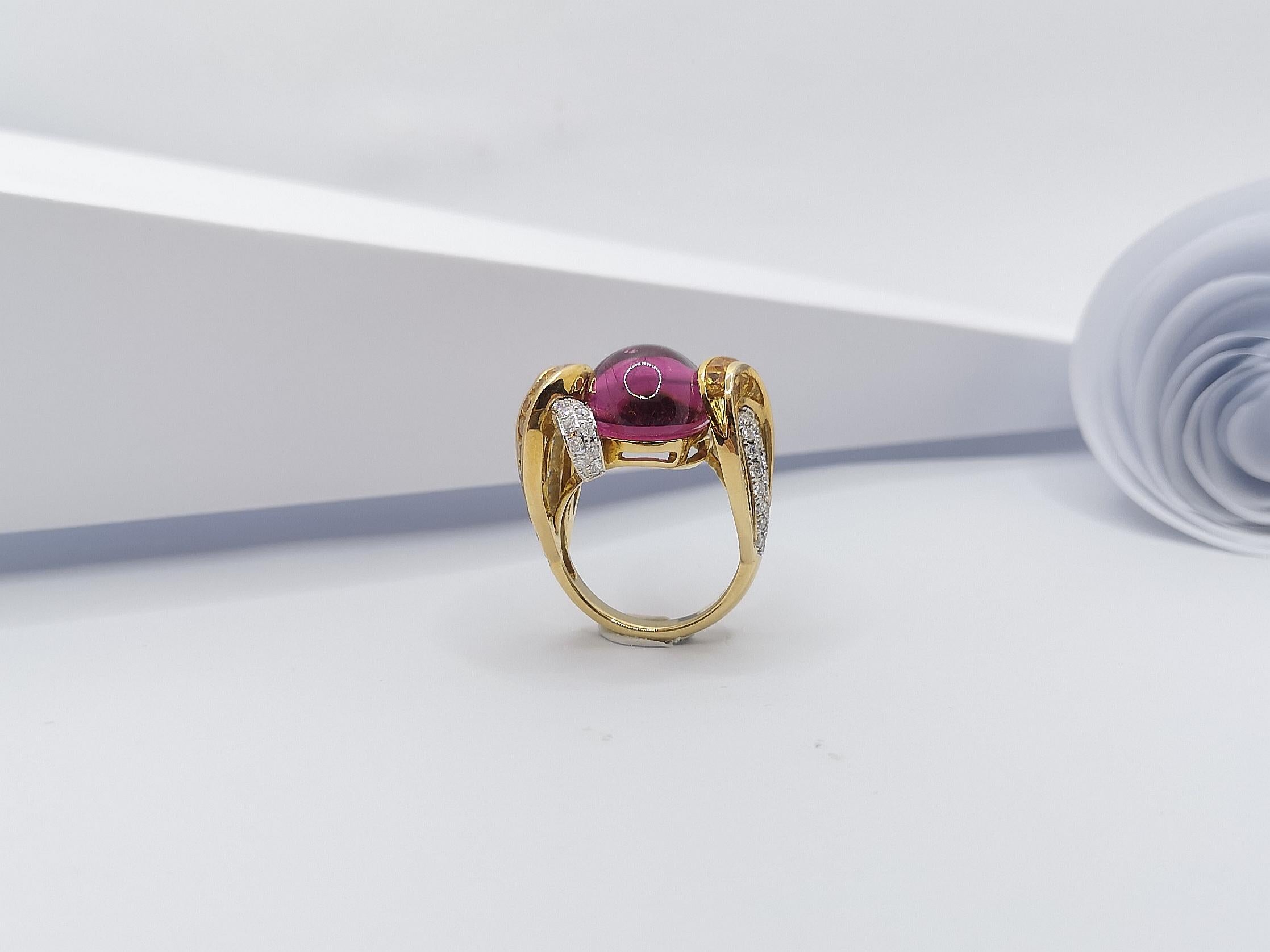 Cabochon Pink Tourmaline with Diamond and Yellow Sapphire Ring in 18 Karat Gold For Sale 8