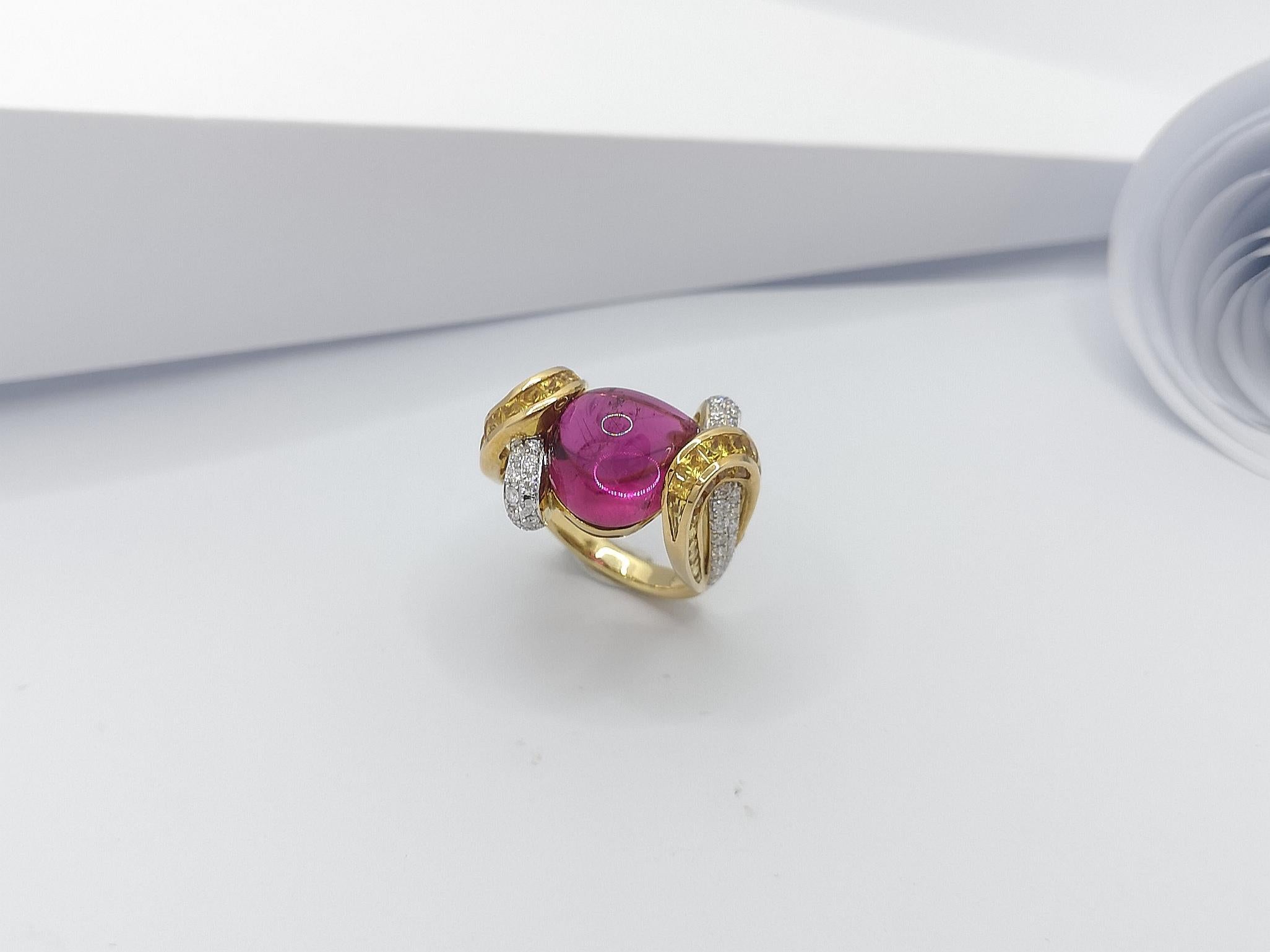Cabochon Pink Tourmaline with Diamond and Yellow Sapphire Ring in 18 Karat Gold For Sale 9