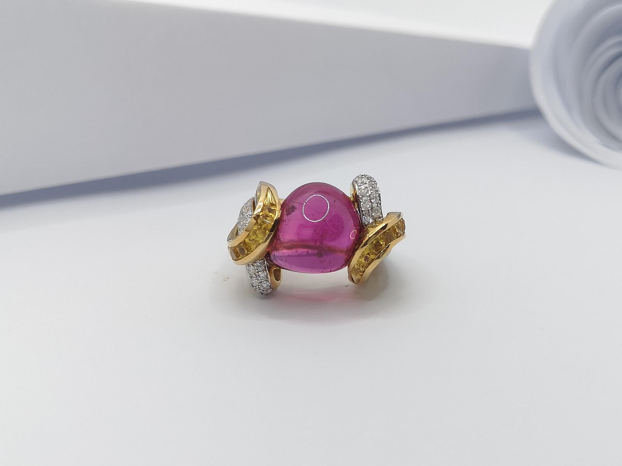 Cabochon Pink Tourmaline with Diamond and Yellow Sapphire Ring in 18 Karat Gold For Sale 11