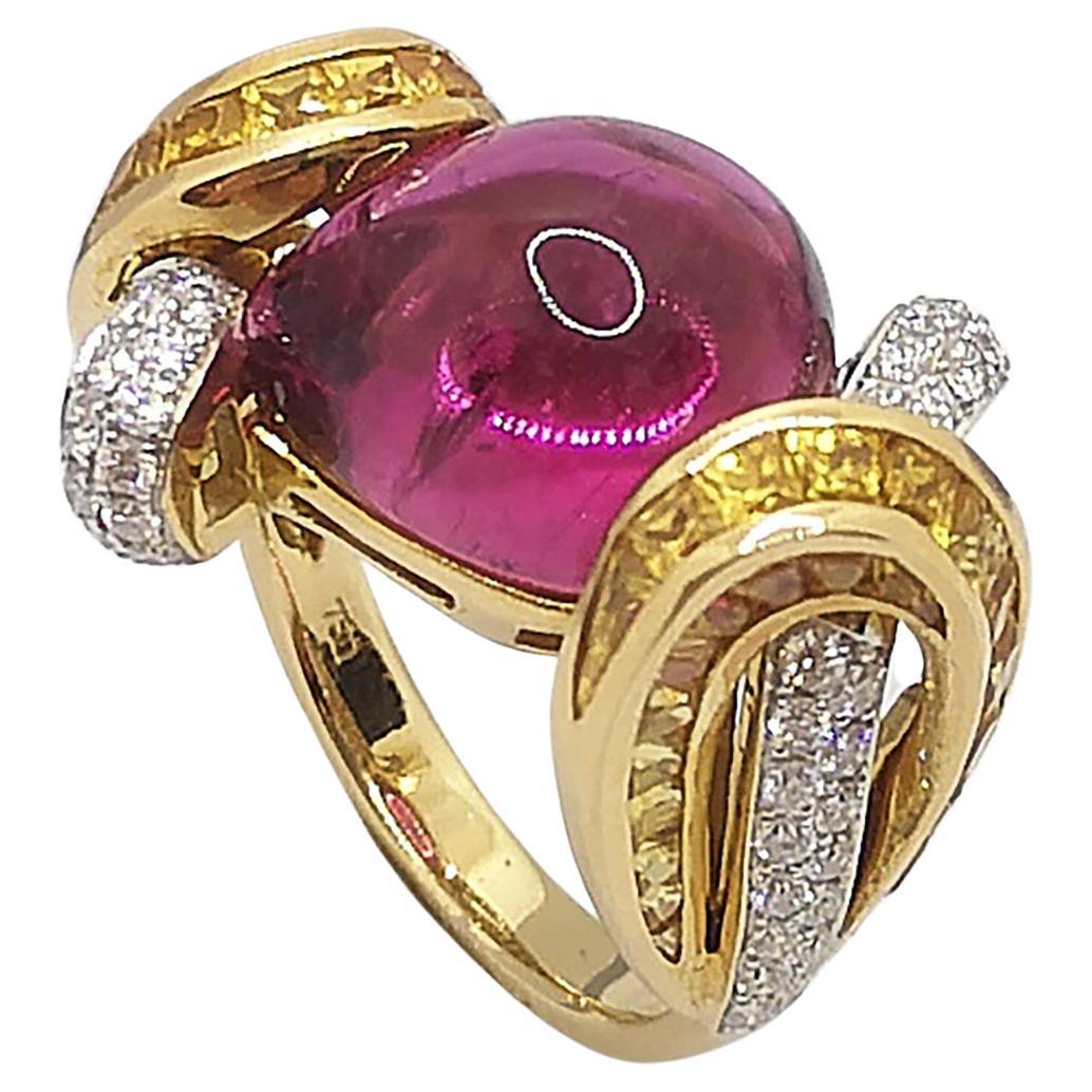 Cabochon Pink Tourmaline with Diamond and Yellow Sapphire Ring in 18 Karat Gold For Sale