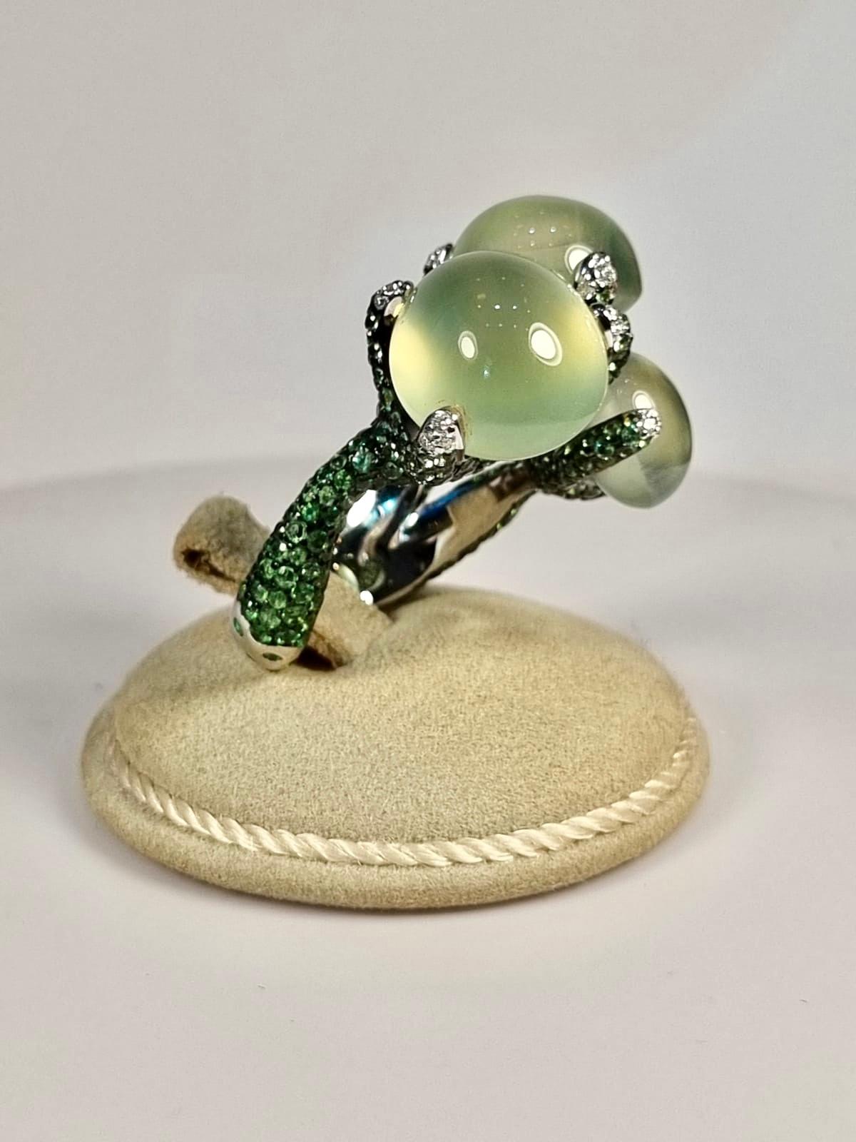 Contemporary Cabochon Prehnite with Green Garnet and Diamonds in 18k White Gold For Sale