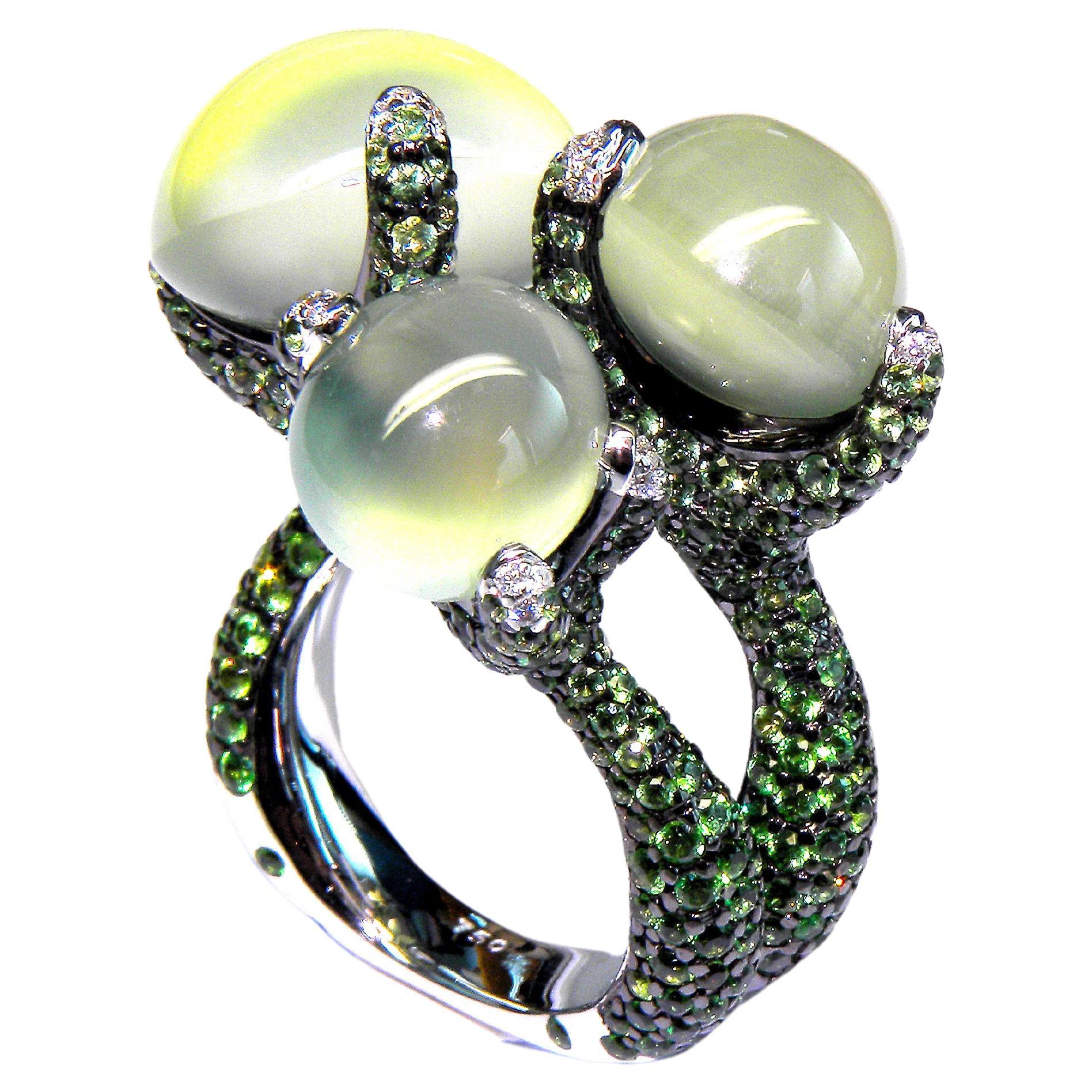 Cabochon Prehnite with Green Garnet and Diamonds in 18k White Gold For Sale