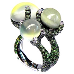 Used Cabochon Prehnite with Green Garnet and Diamonds in 18k White Gold