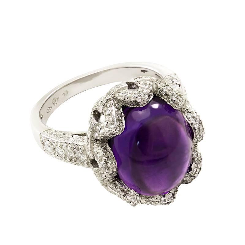 Cabochon Purple Amethyst Cocktail Ring surrounded by a crown of White Diamonds