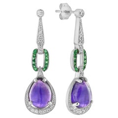 Boucles d'oreilles pendantes en or blanc 14K avec diamants et améthyste violette cabochon