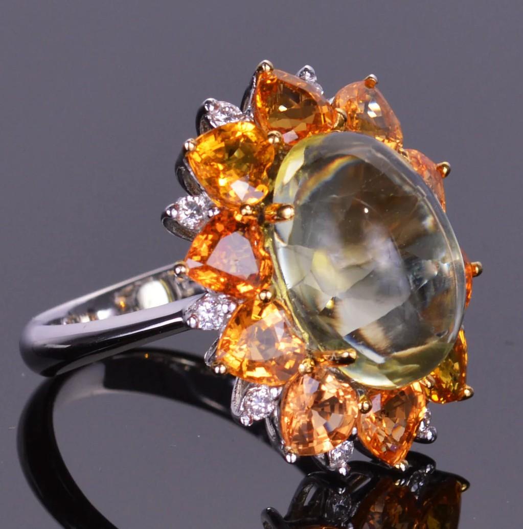 Cabochon Quartz Ring With Sapphire and Diamond Halo In New Condition For Sale In Phoenix, AZ
