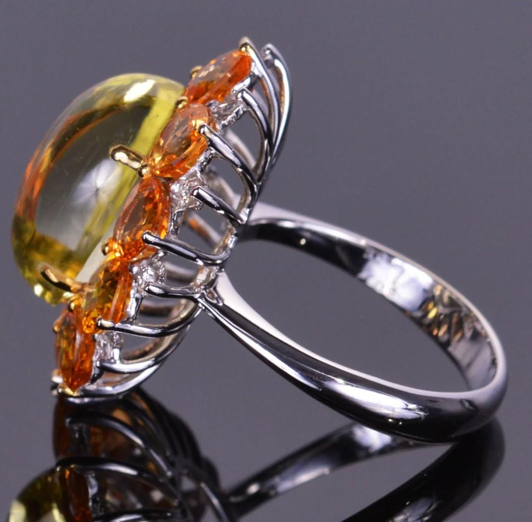 Women's or Men's Cabochon Quartz Ring With Sapphire and Diamond Halo For Sale