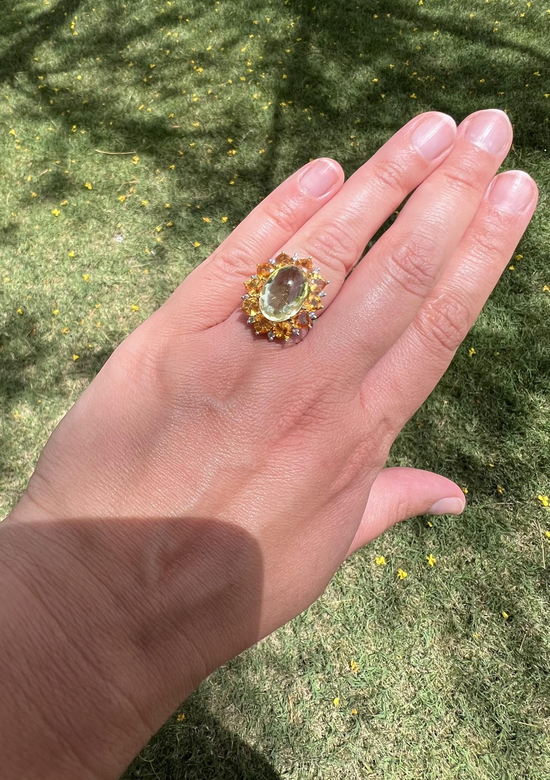 Cabochon Quartz Ring With Sapphire and Diamond Halo For Sale 1