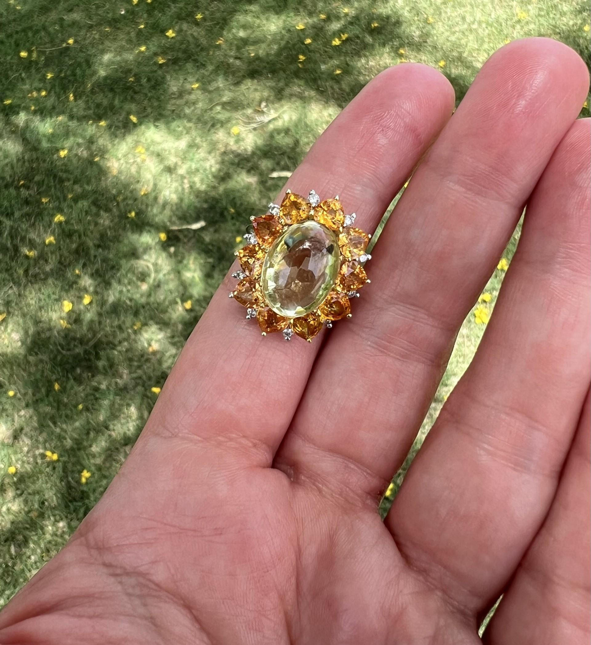 Cabochon Quartz Ring With Sapphire and Diamond Halo For Sale 2
