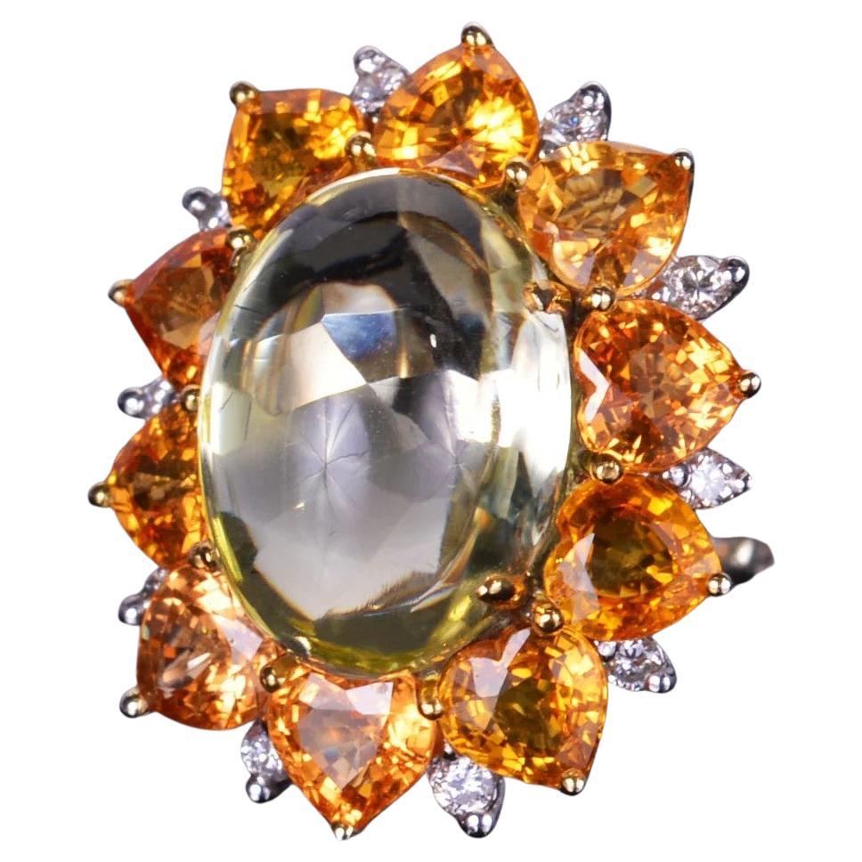 Cabochon Quartz Ring With Sapphire and Diamond Halo